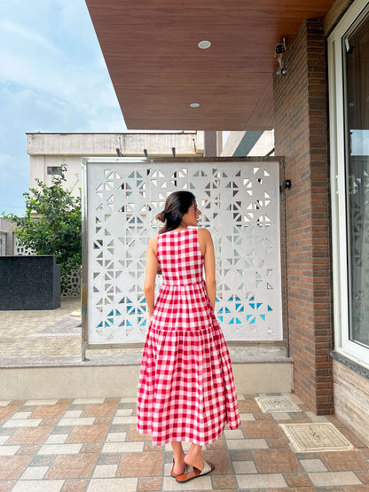 Classic A-Line Gingham Dress - White & Red