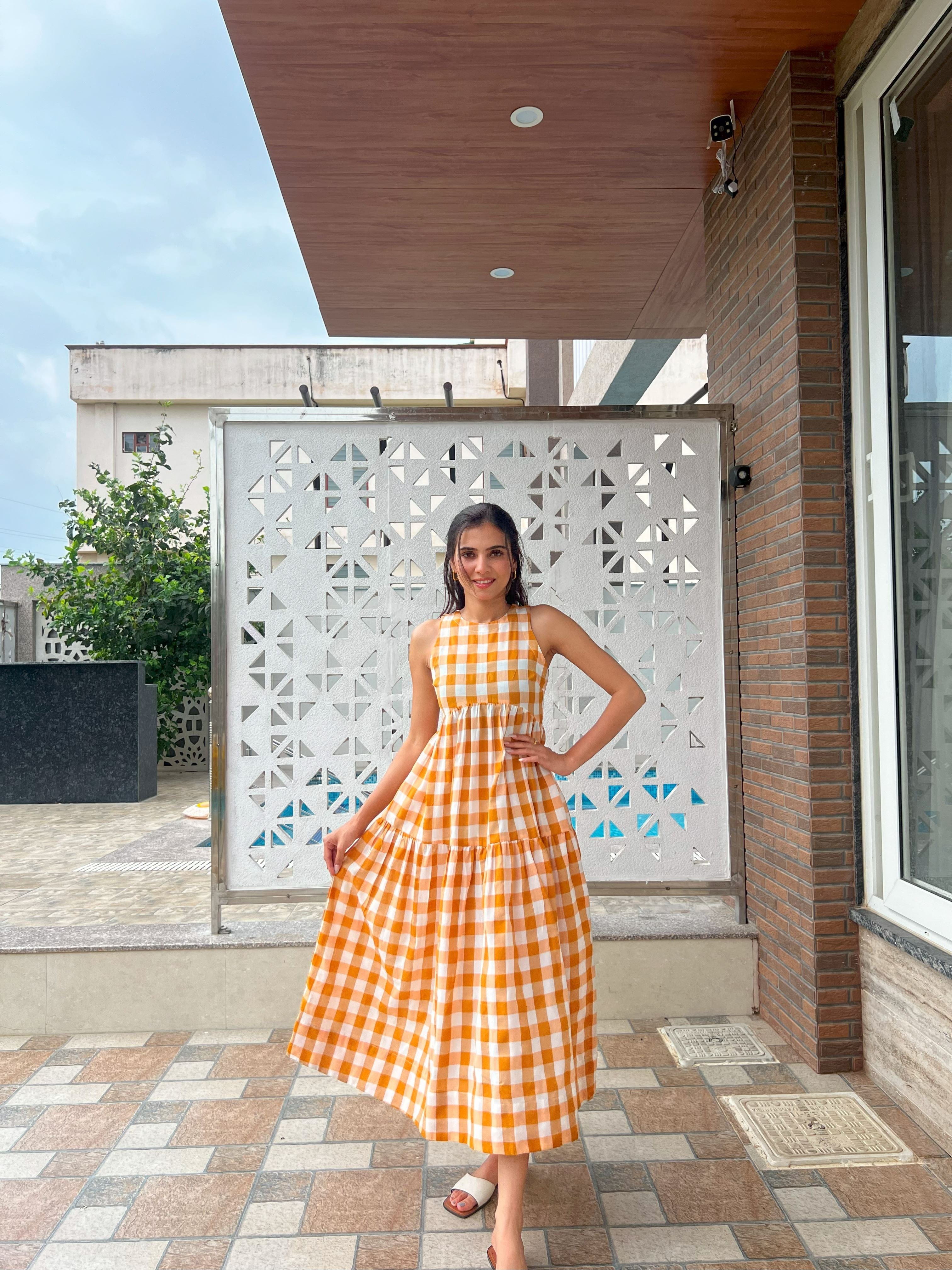 Classic A-Line Gingham Dress - Orange