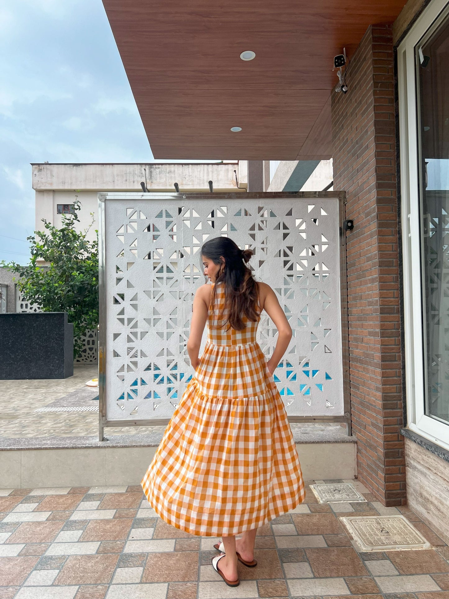 Classic A-Line Gingham Dress - Orange