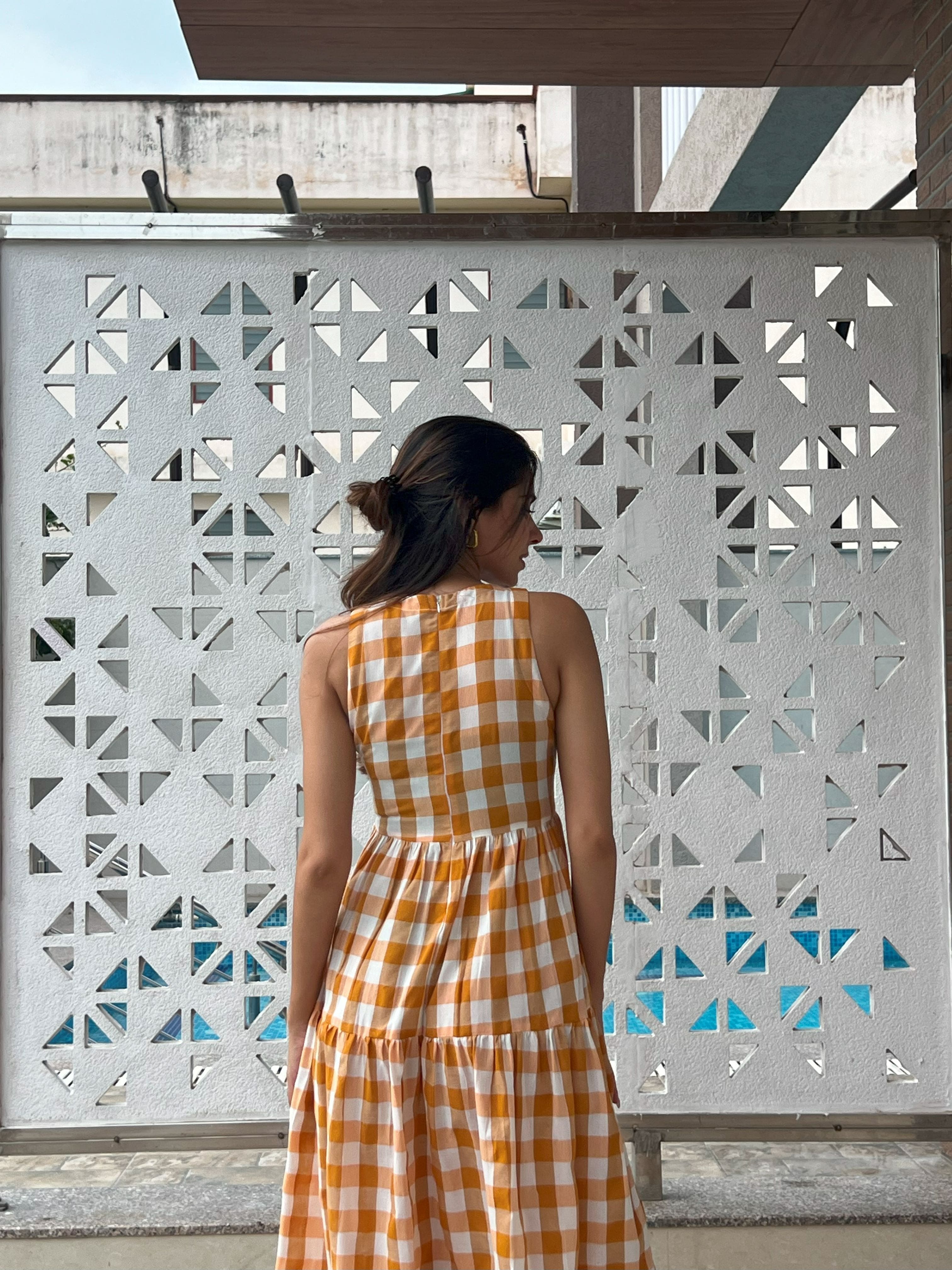 Classic A-Line Gingham Dress - Orange