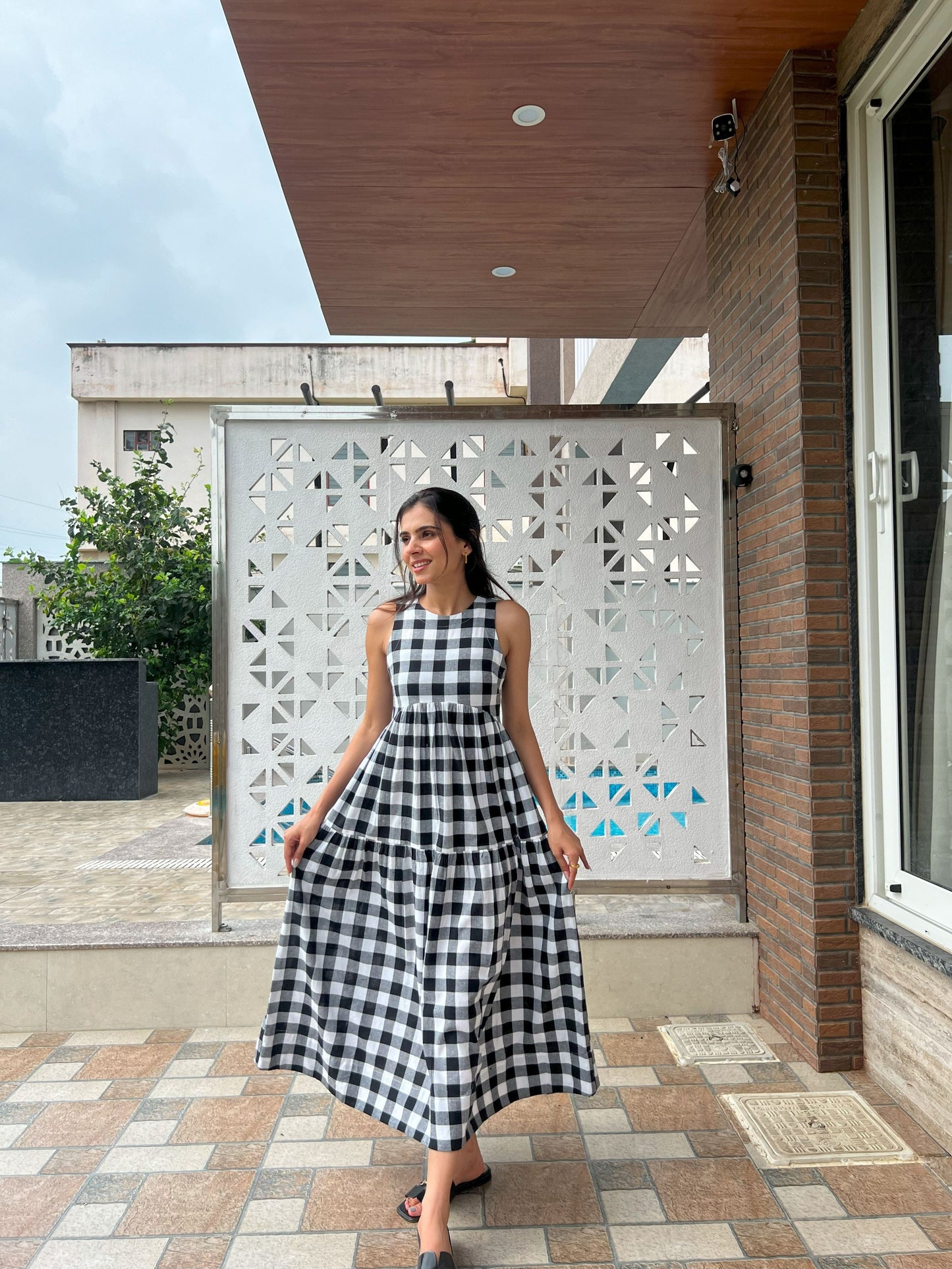 Classic A-Line Gingham Dress - Black & White