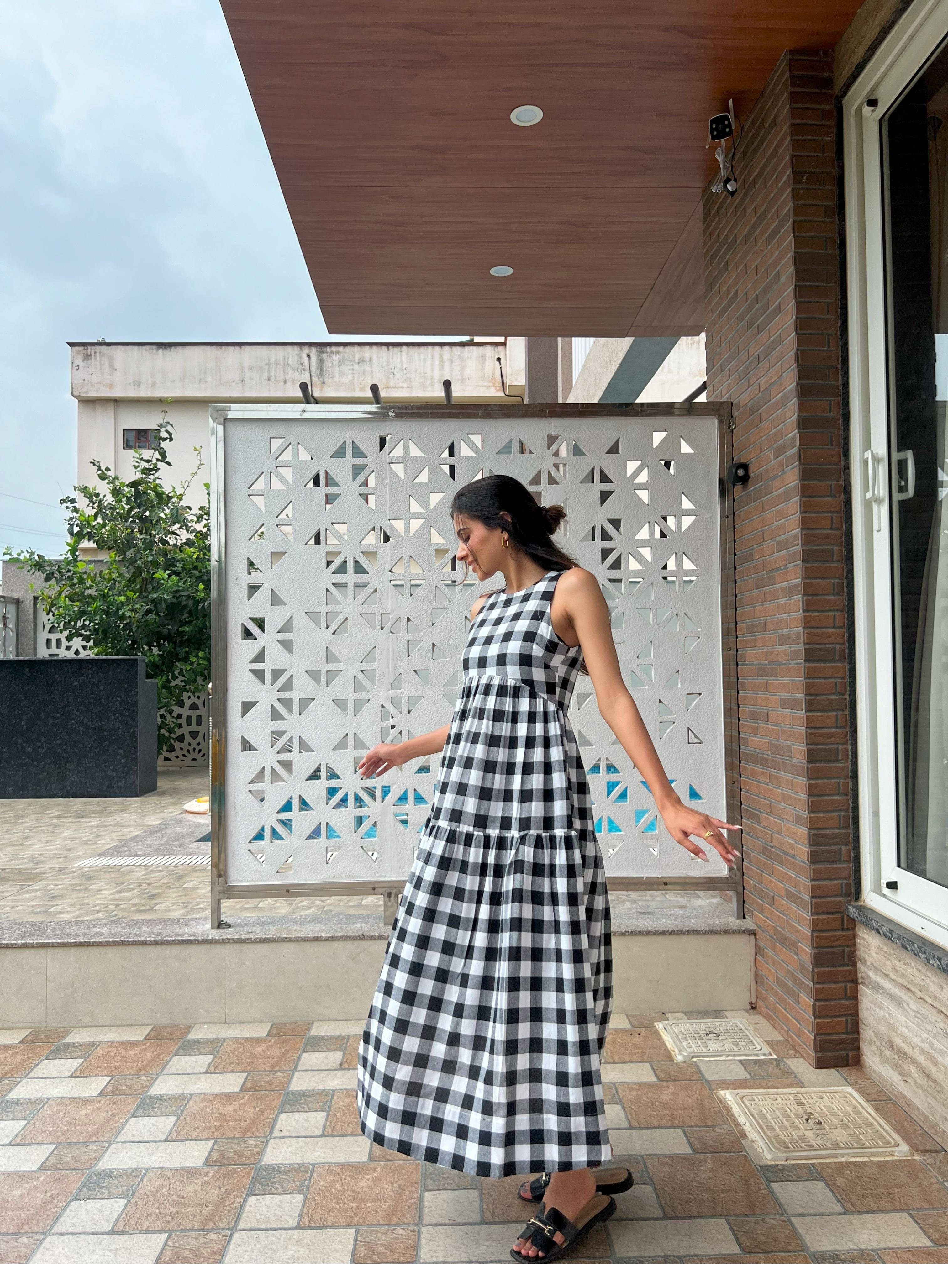 Classic A-Line Gingham Dress - Black & White