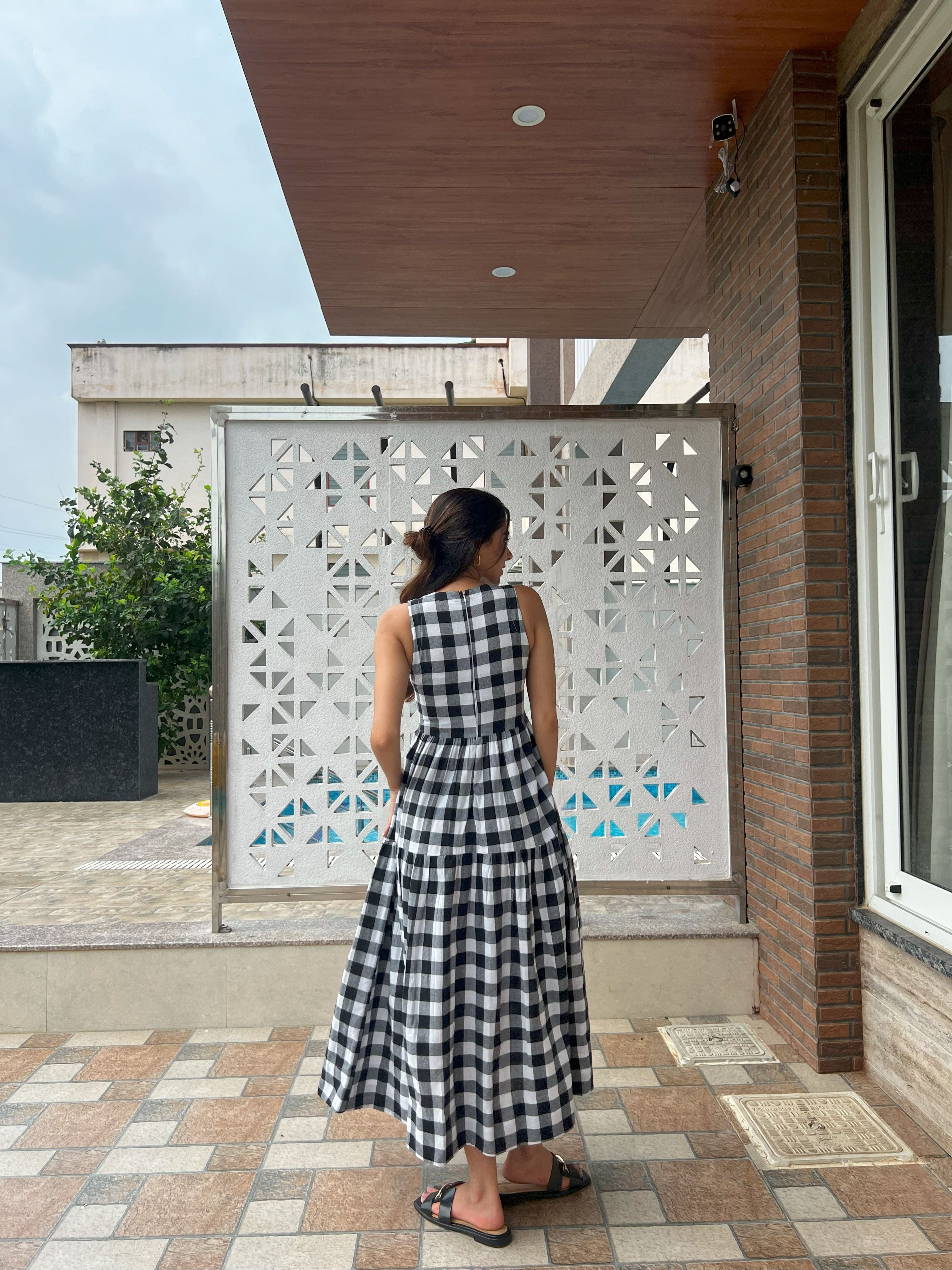 Classic A-Line Gingham Dress - Black & White