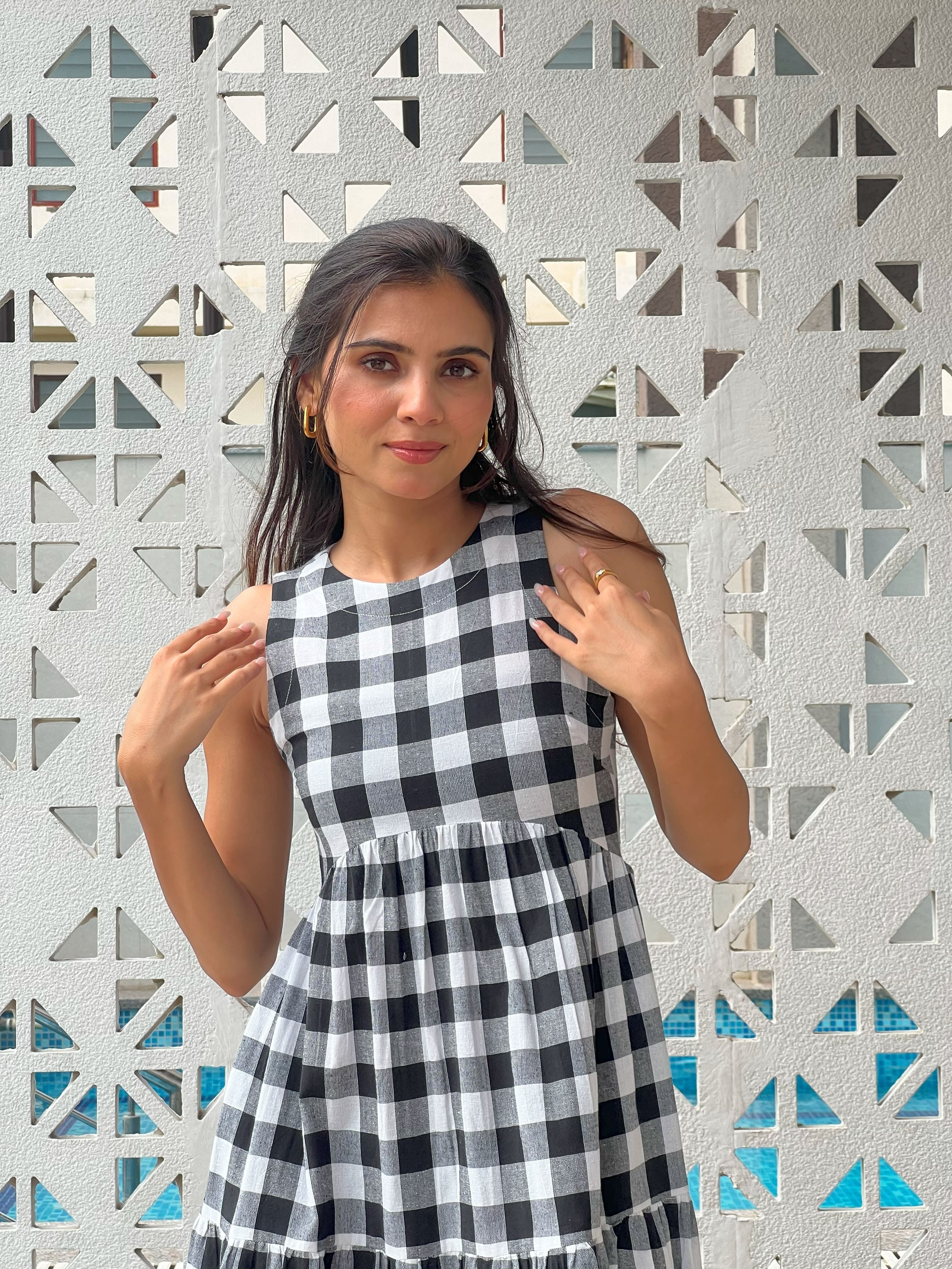 Classic A-Line Gingham Dress - Black & White