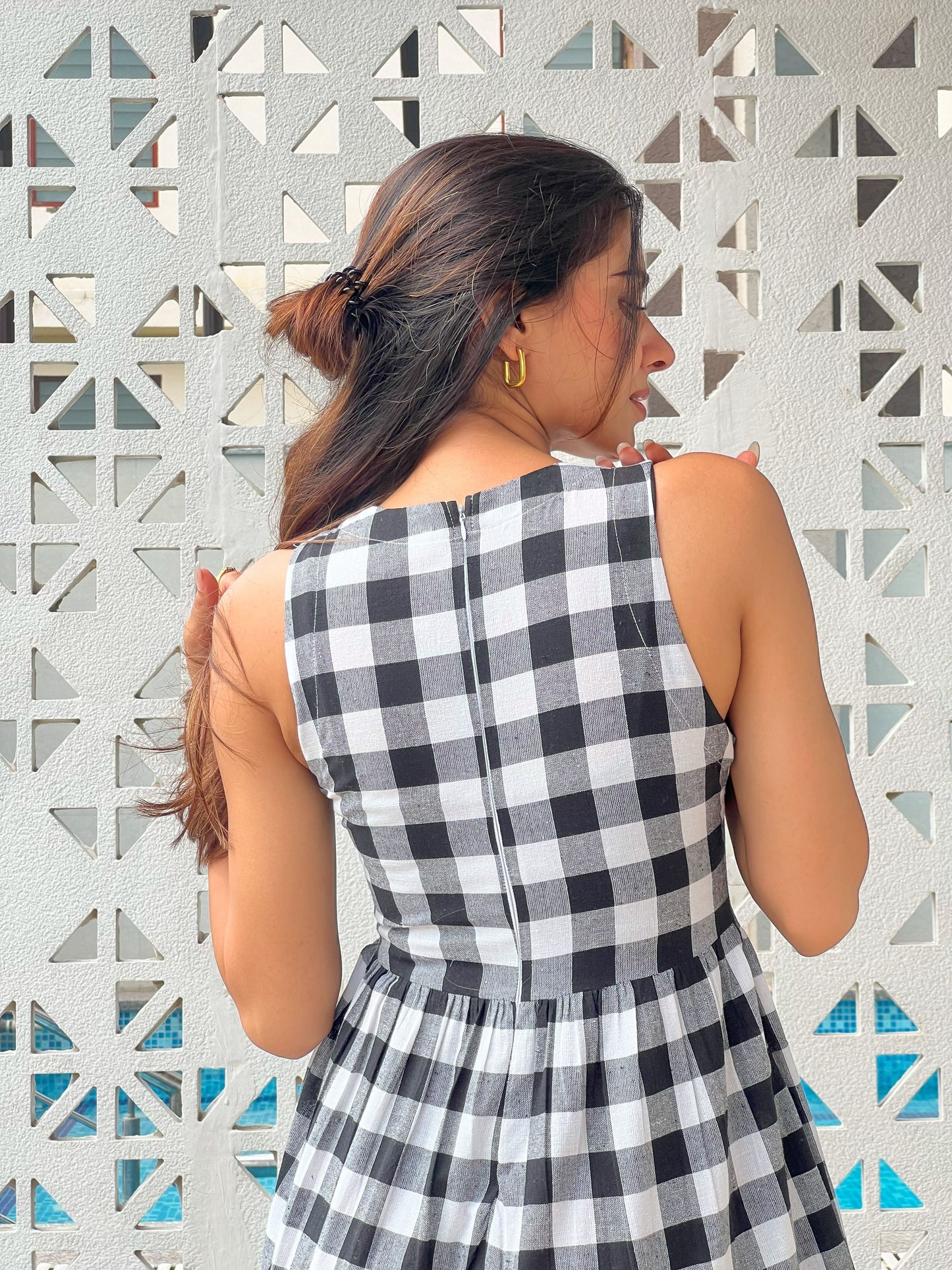 Classic A-Line Gingham Dress - Black & White