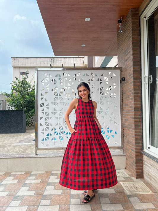 Classic A-Line Gingham Dress -  Red