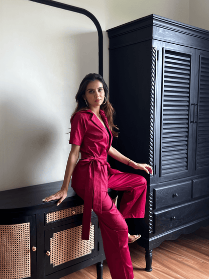 Cherry Red Kimono Top with Belt and Pants Set