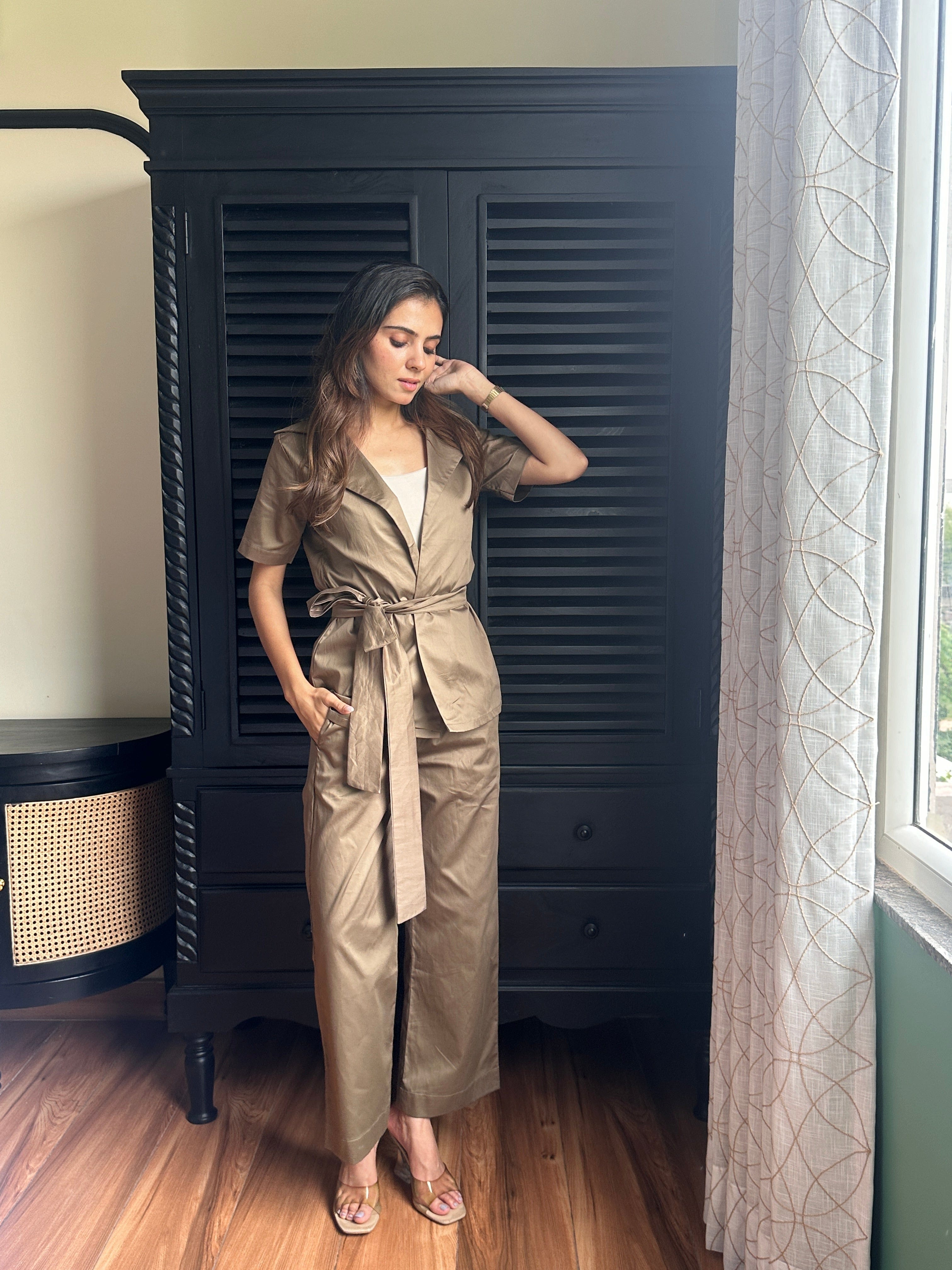 Desert Brown Kimono Top with Belt and Pants Set