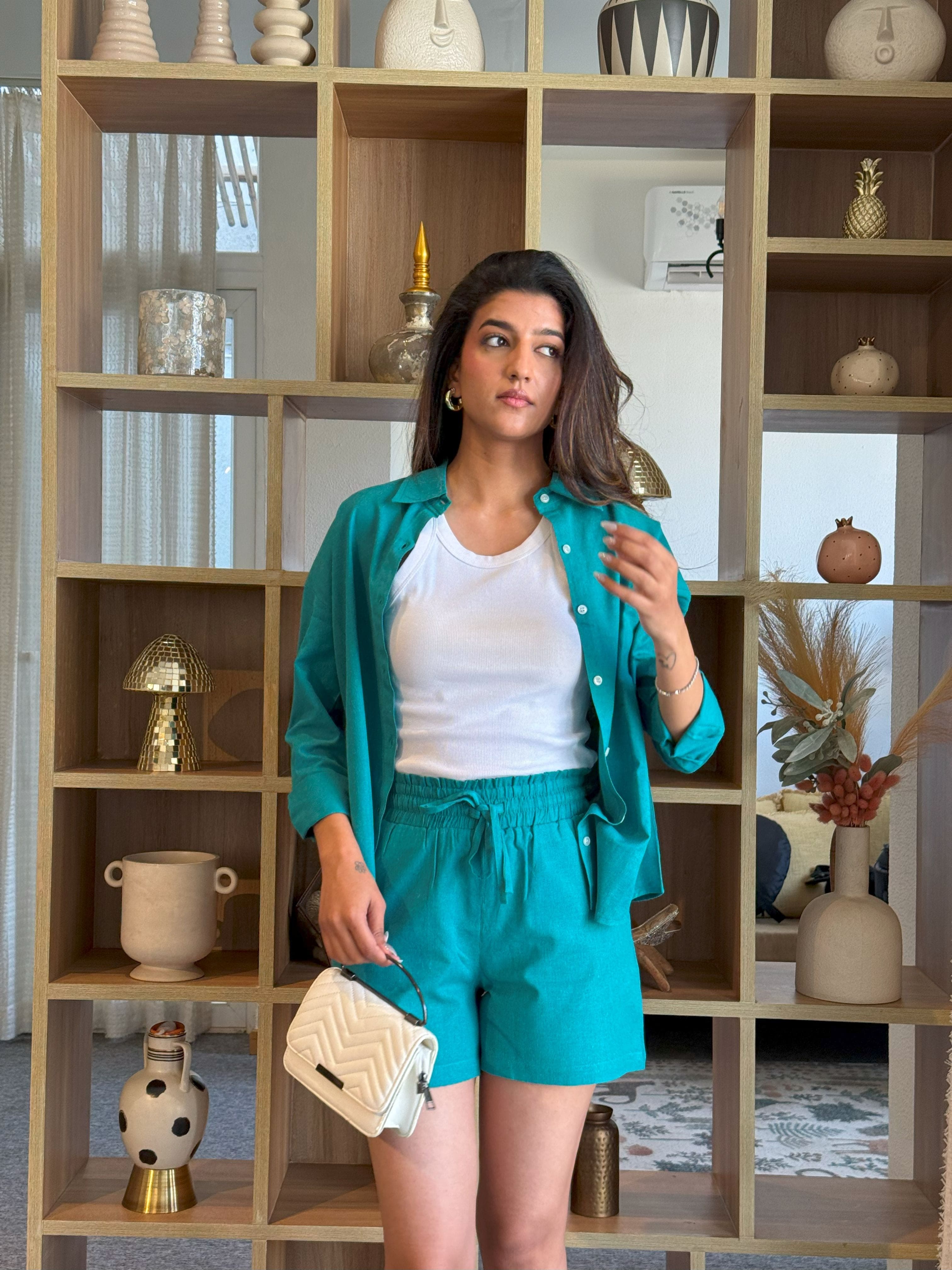Teal Oversized Cotton Shirt & Shorts Set
