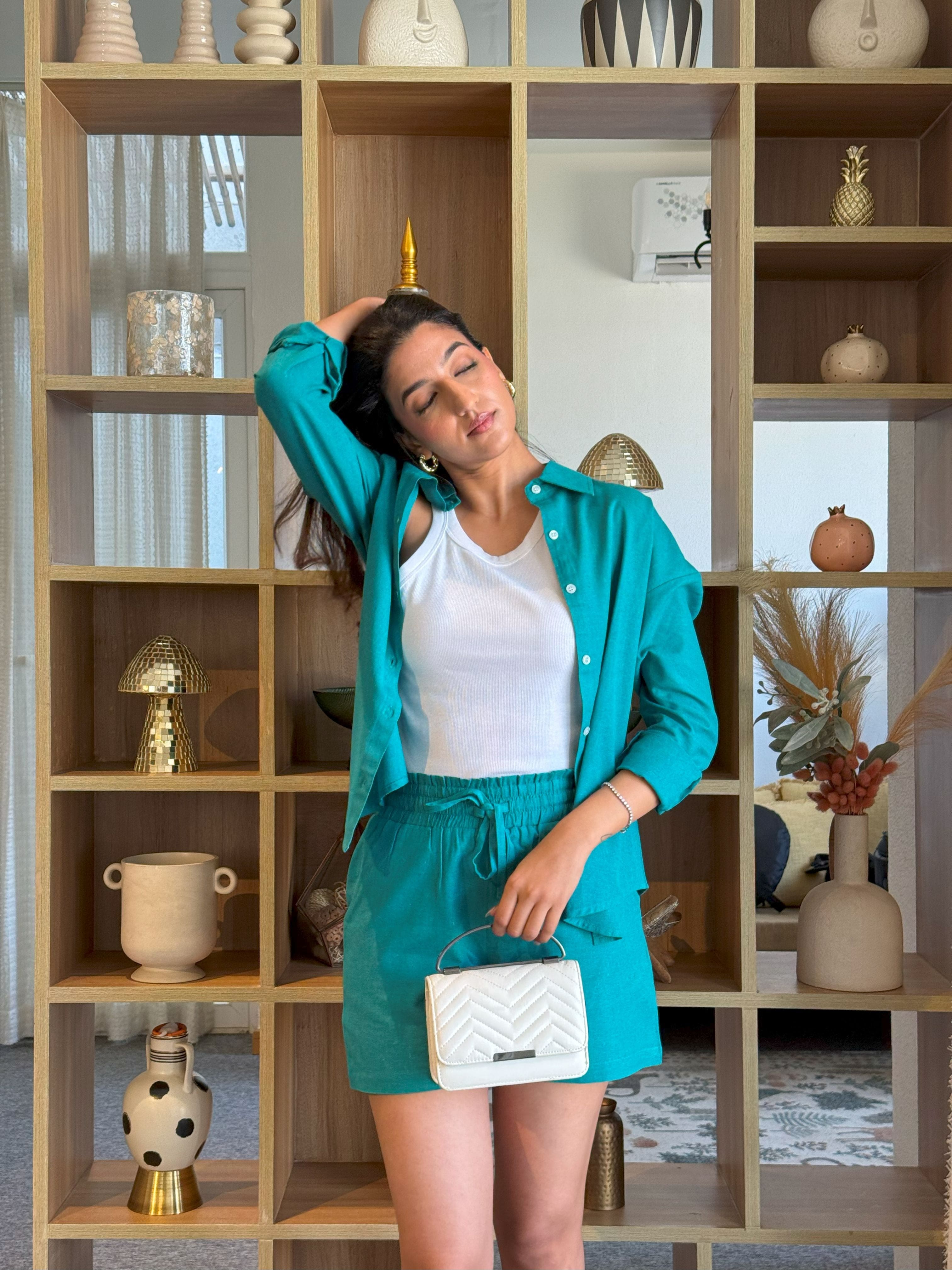Teal Oversized Cotton Shirt & Shorts Set