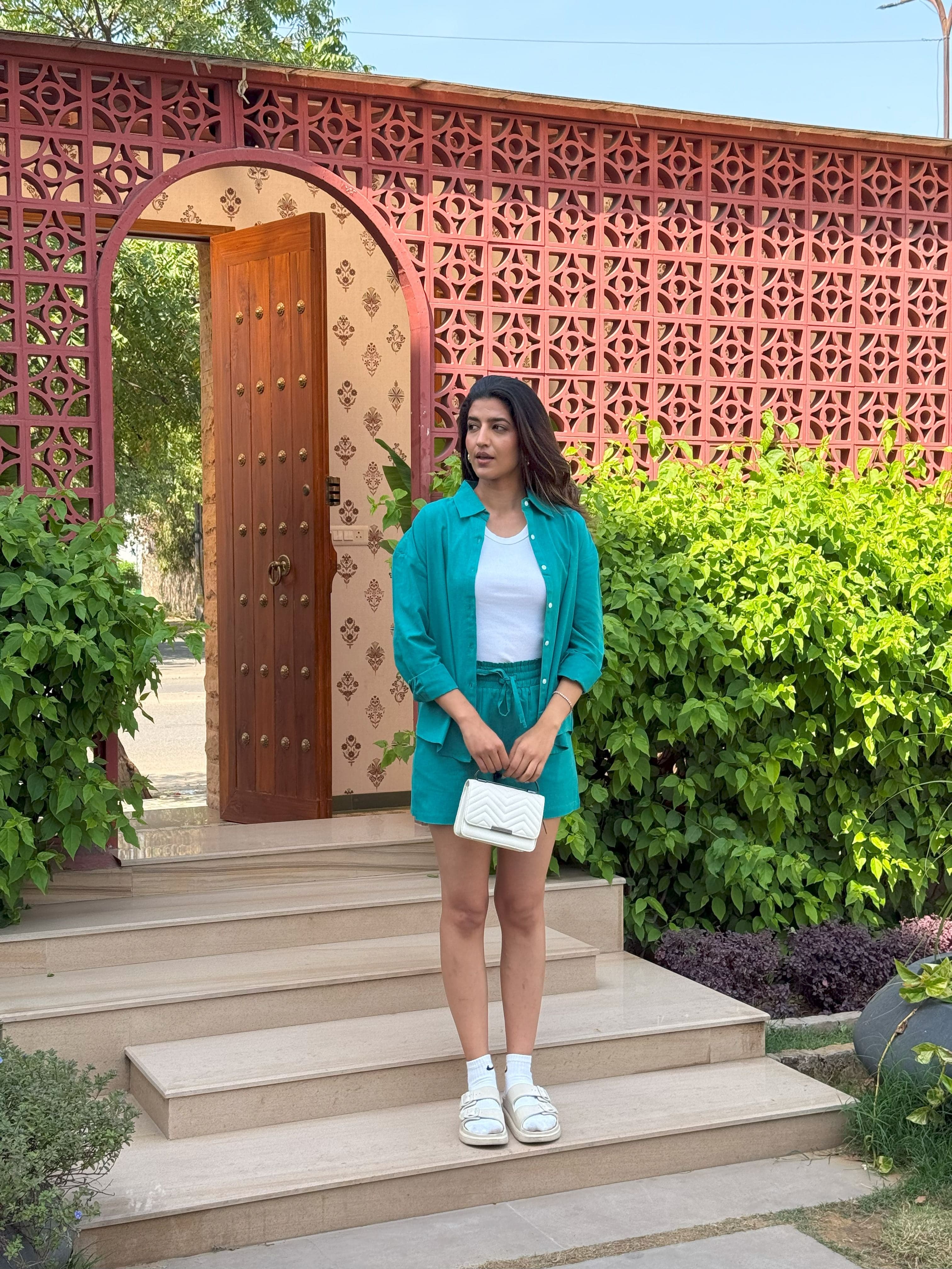 Teal Oversized Cotton Shirt & Shorts Set