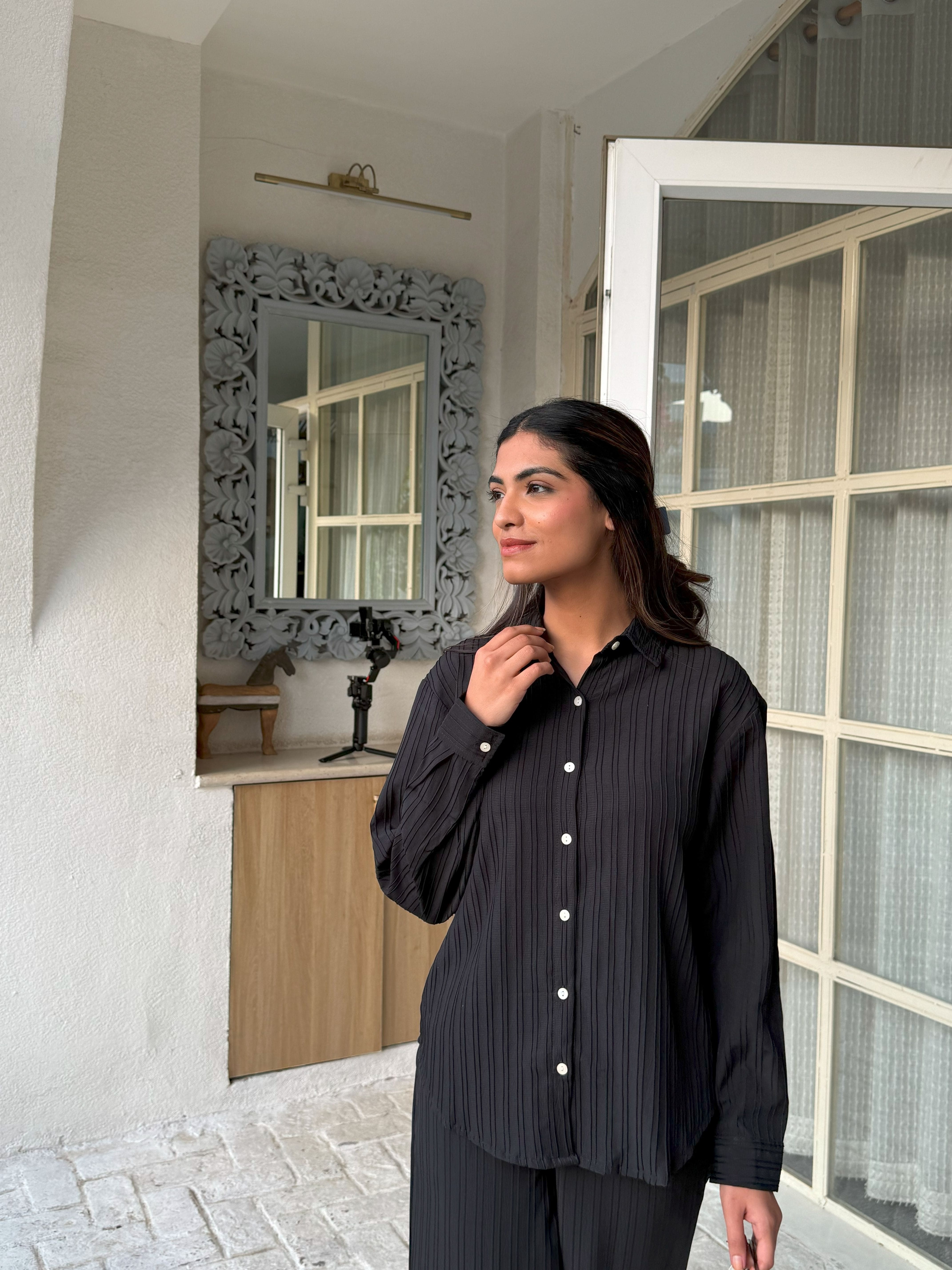 Black Knitted Shirt & Pants Set - Black