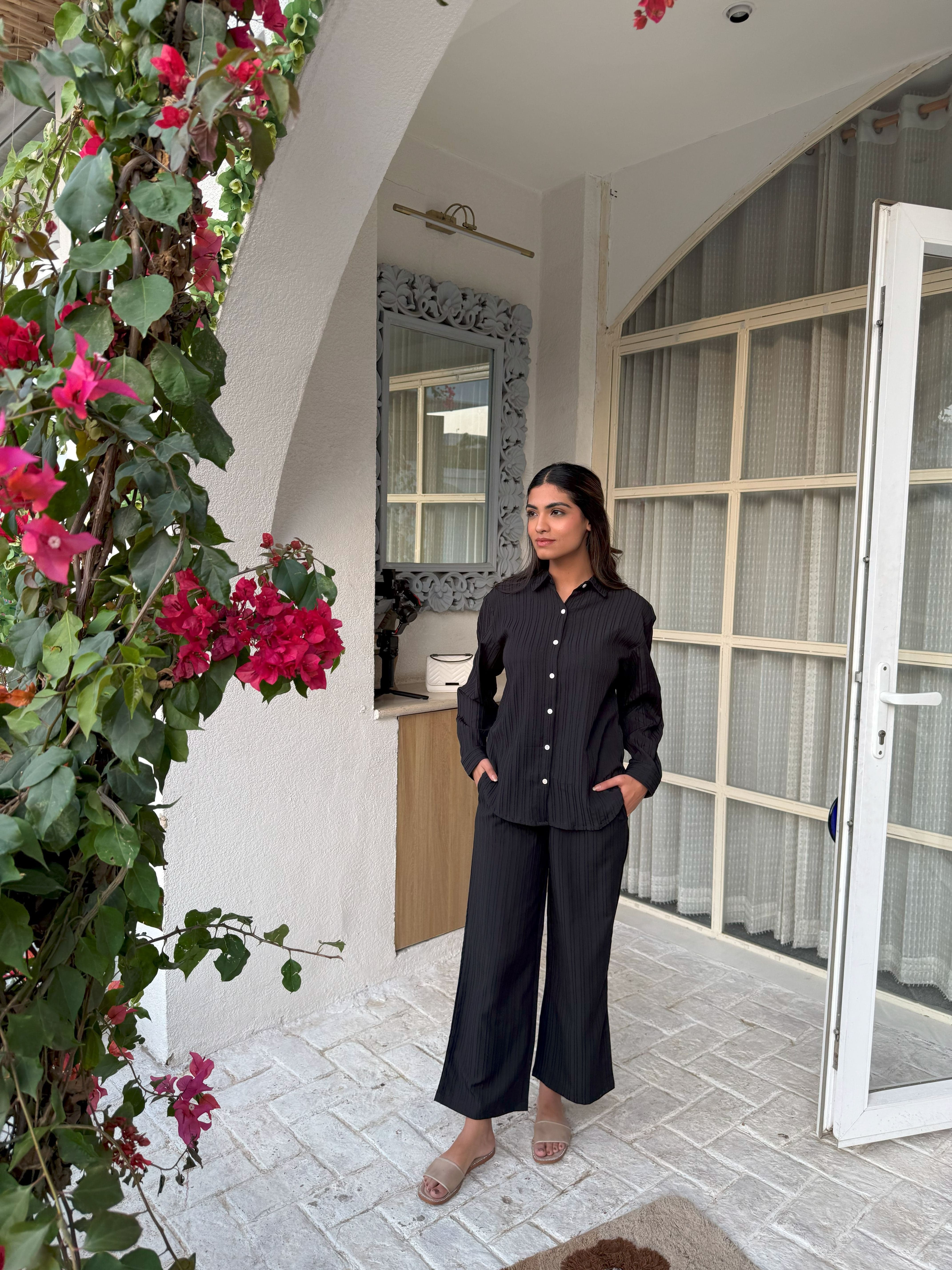 Black Knitted Shirt & Pants Set - Black