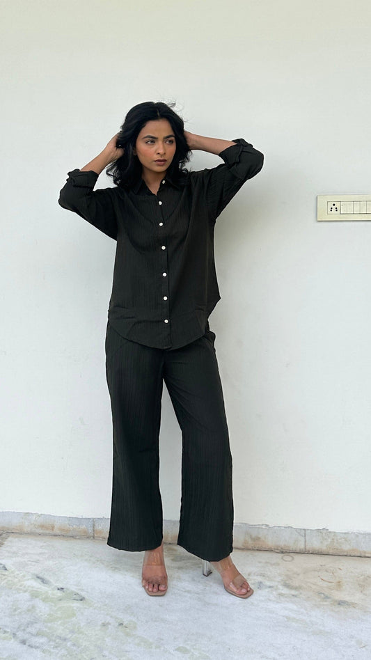 Black Knitted Shirt & Pants Set - Black