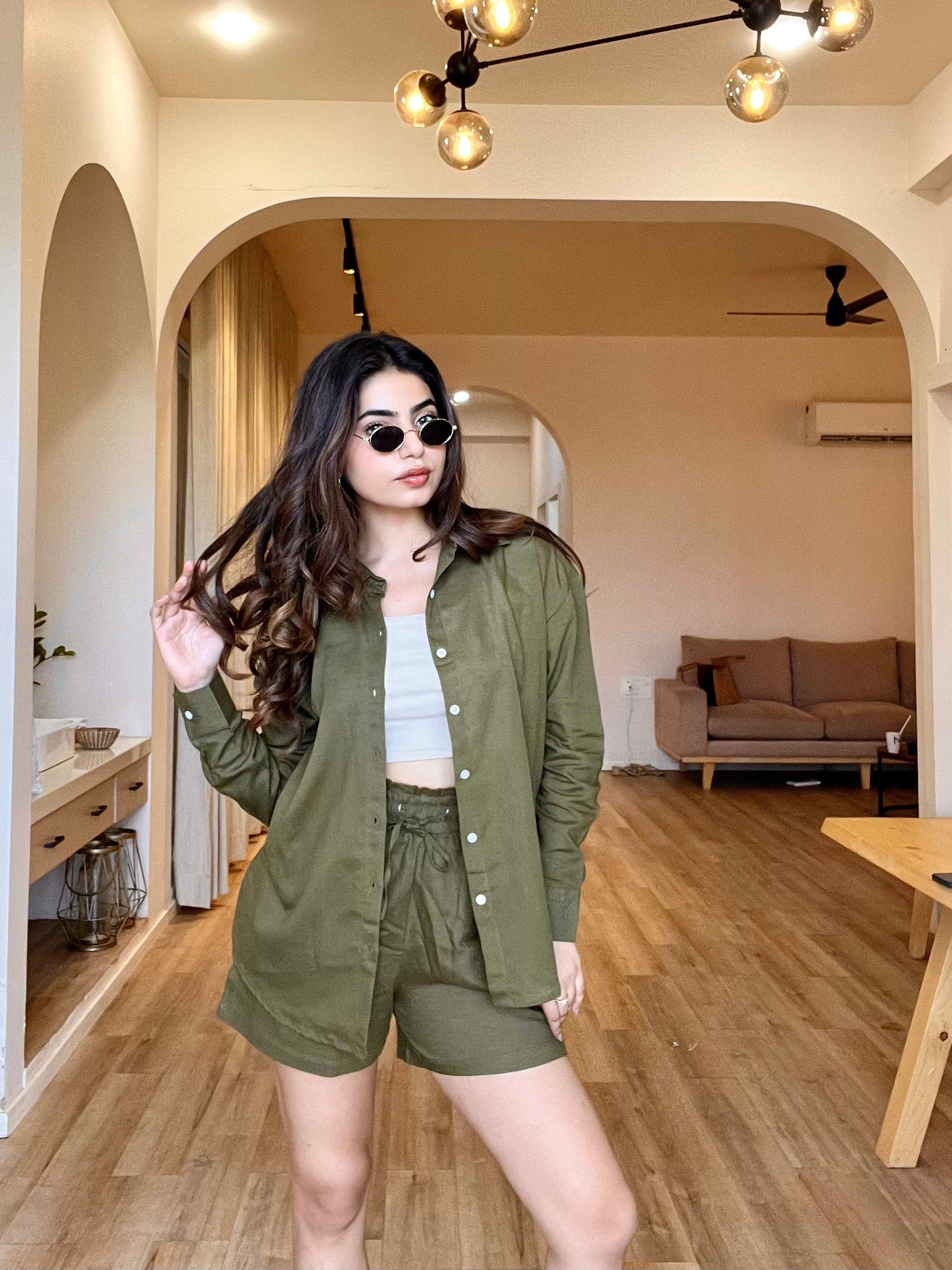 Olive Green Oversized Cotton Shirt & Shorts Set