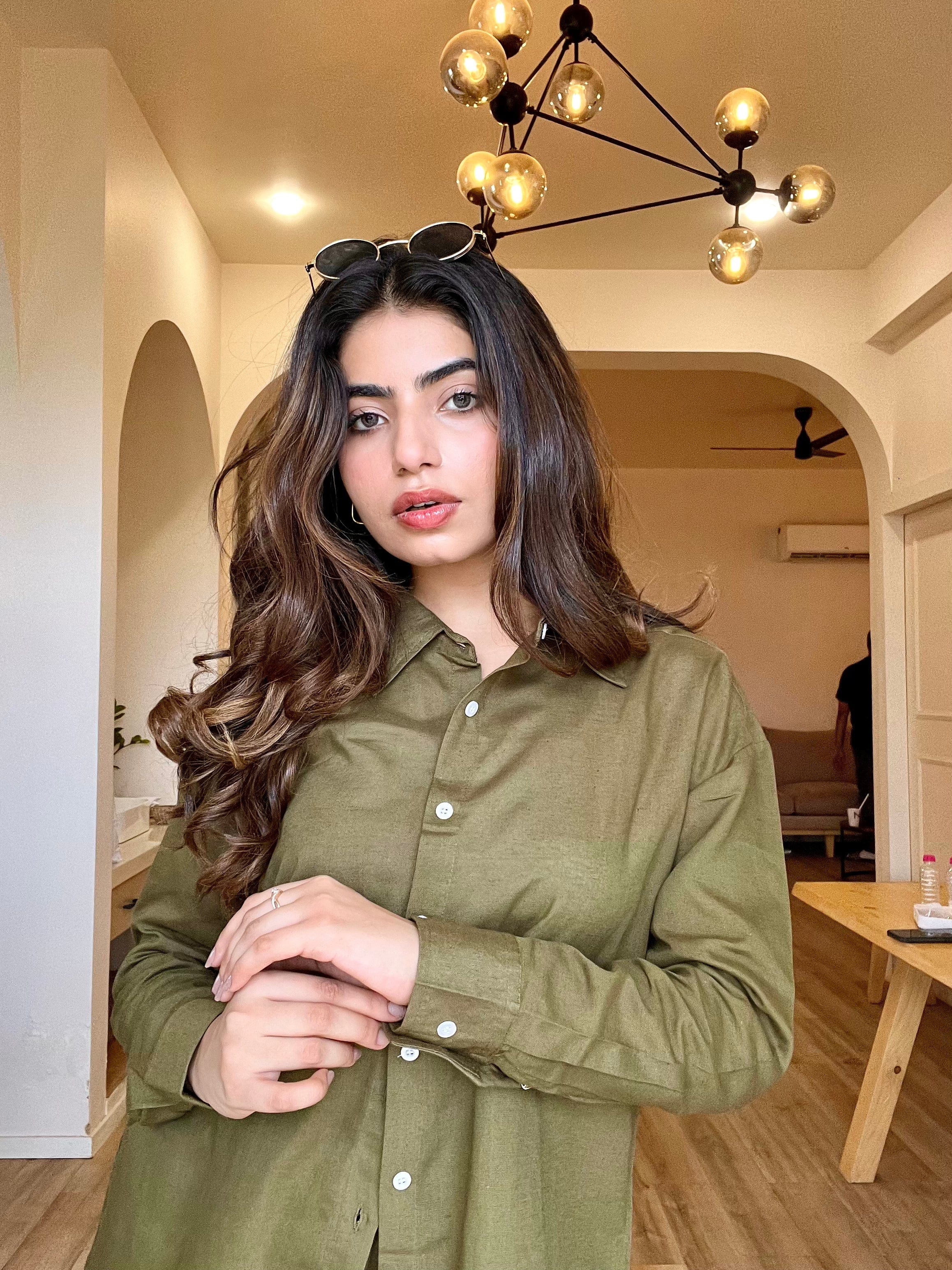 Olive Green Oversized Cotton Shirt & Shorts Set