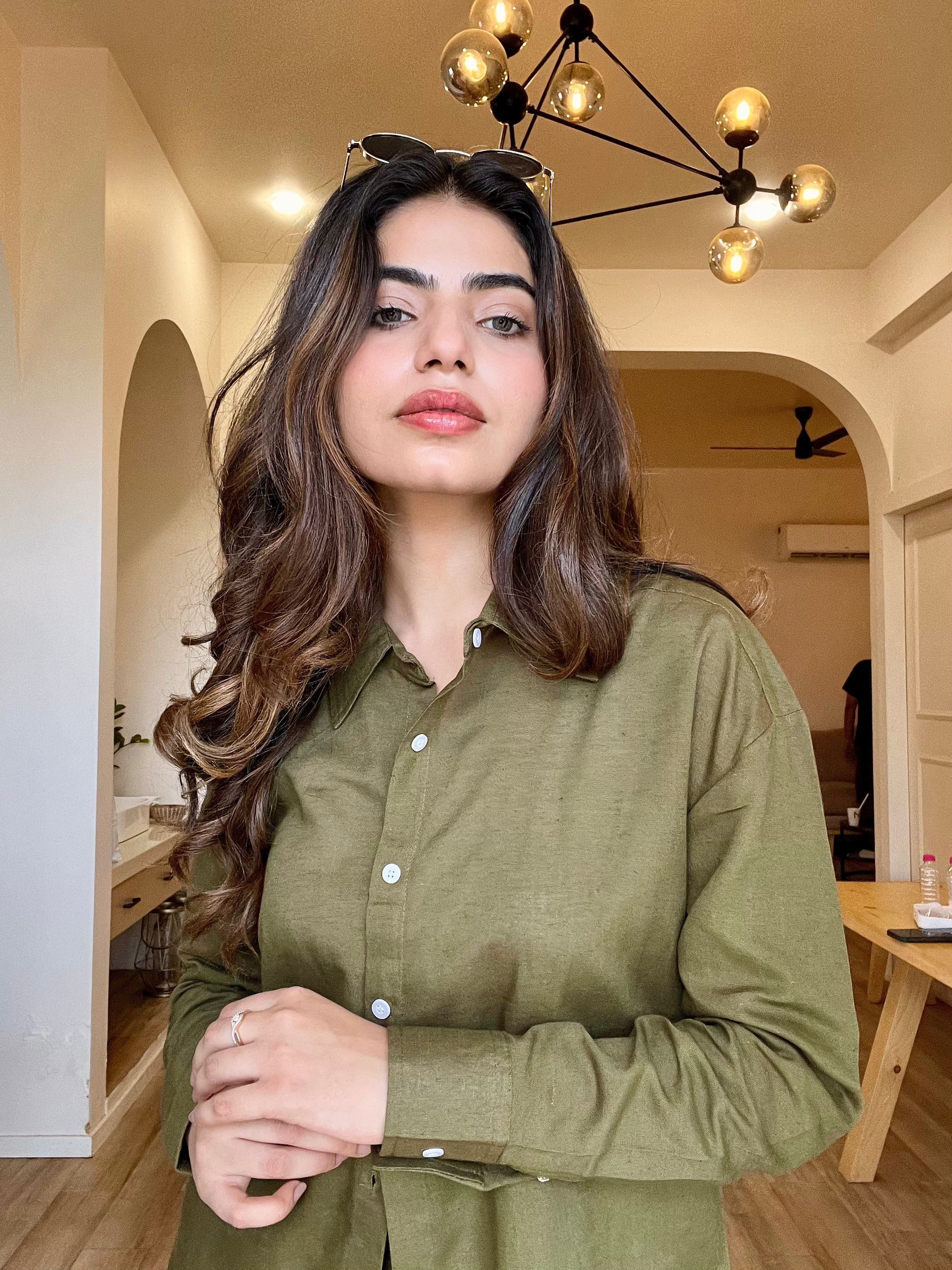 Olive Green Oversized Cotton Shirt & Shorts Set