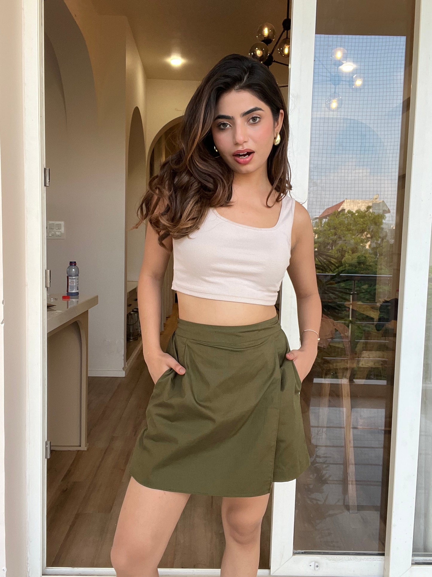 Olive Green Cotton - Satin Skorts