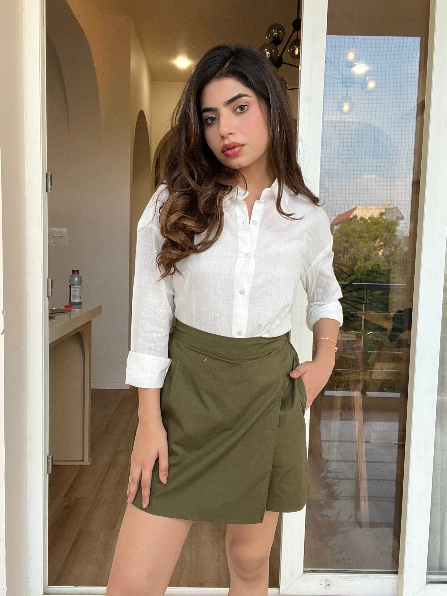 Olive Green Cotton - Satin Skorts