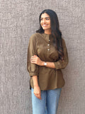 Short Linen Kurta - Olive