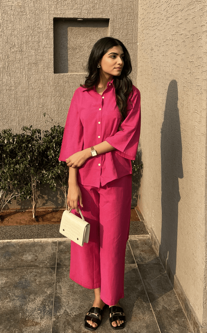 Hot Pink Bell Sleeves Shirt & Pants Set