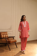 Cotton Striped Co-ord Set with Lace Detail - Red