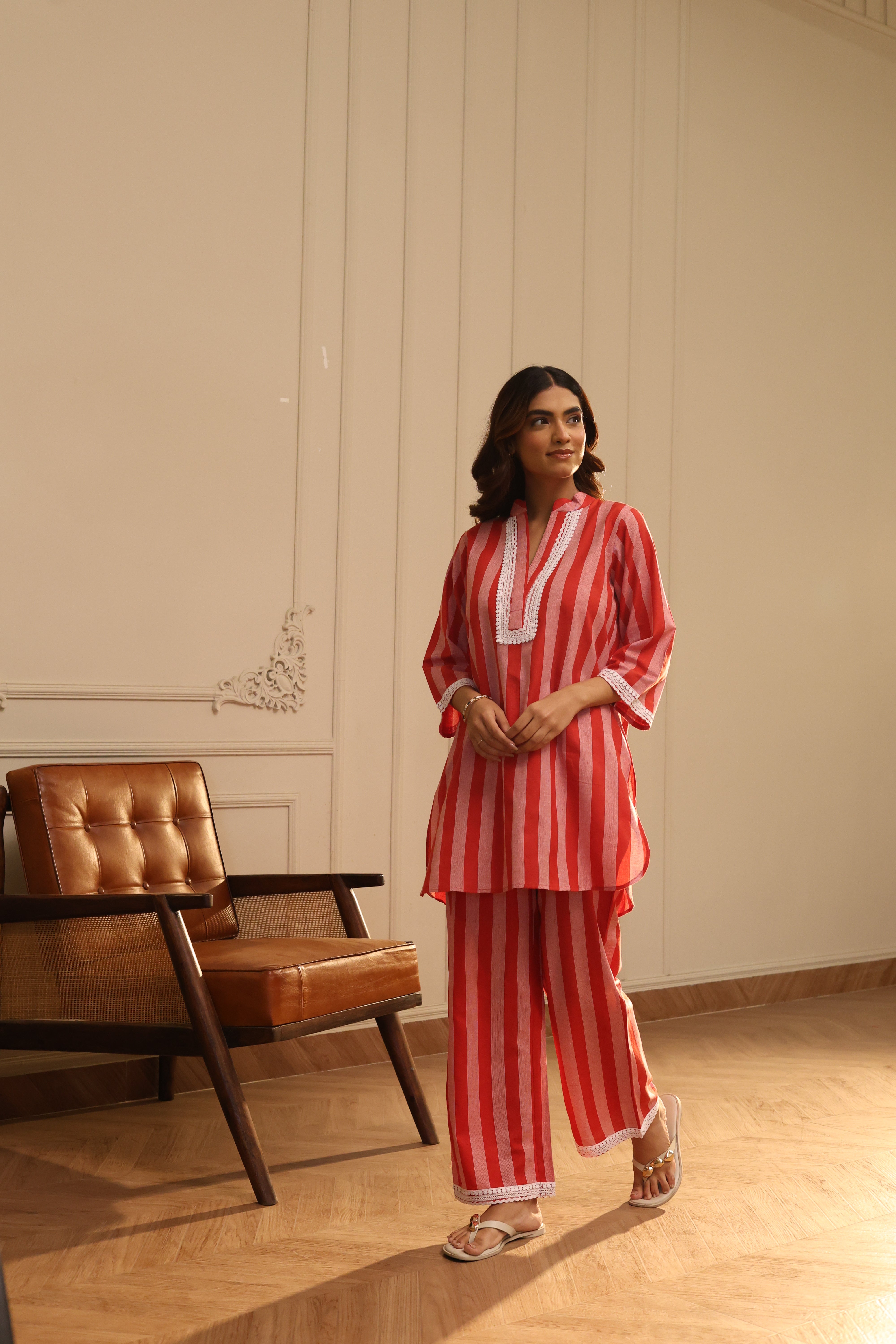 Cotton Striped Co-ord Set with Lace Detail - Red
