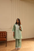 Cotton Striped Co-ord Set with Lace Detail - Green