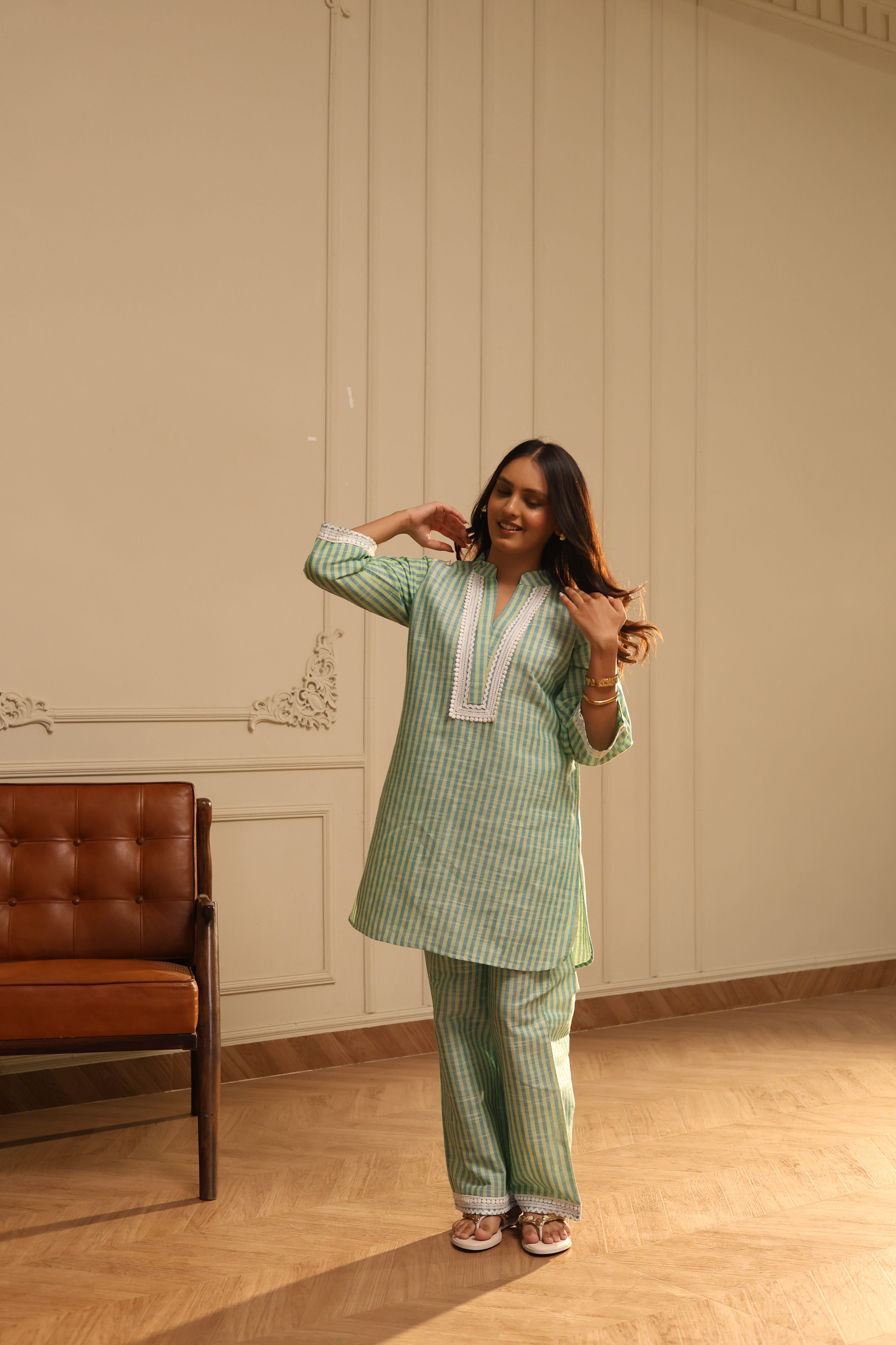 Cotton Striped Co-ord Set with Lace Detail - Green