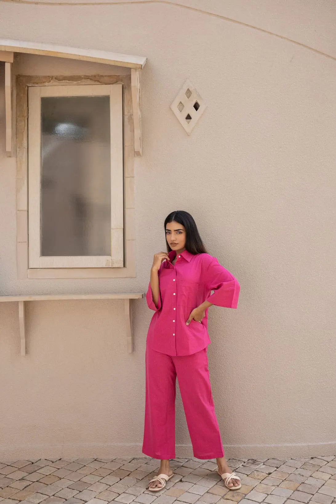 Hot Pink Bell Sleeves Shirt & Pants Set