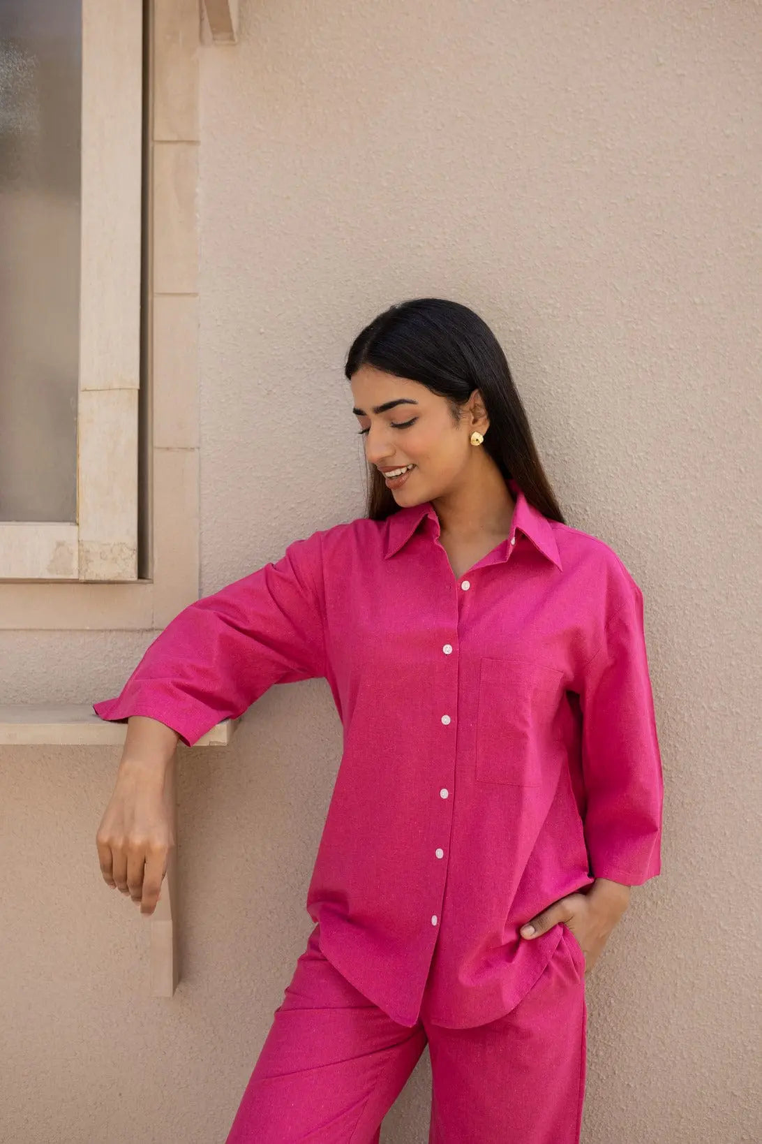 Hot Pink Bell Sleeves Shirt & Pants Set