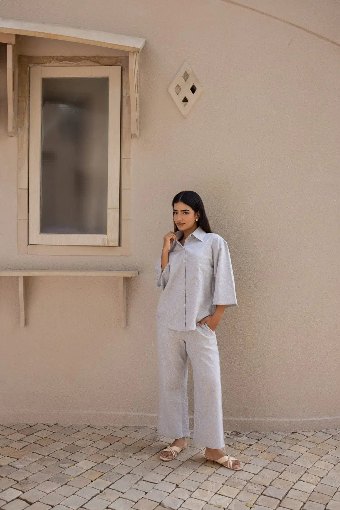 Bell Sleeves Shirt & Pants Set - Cloudy Gray