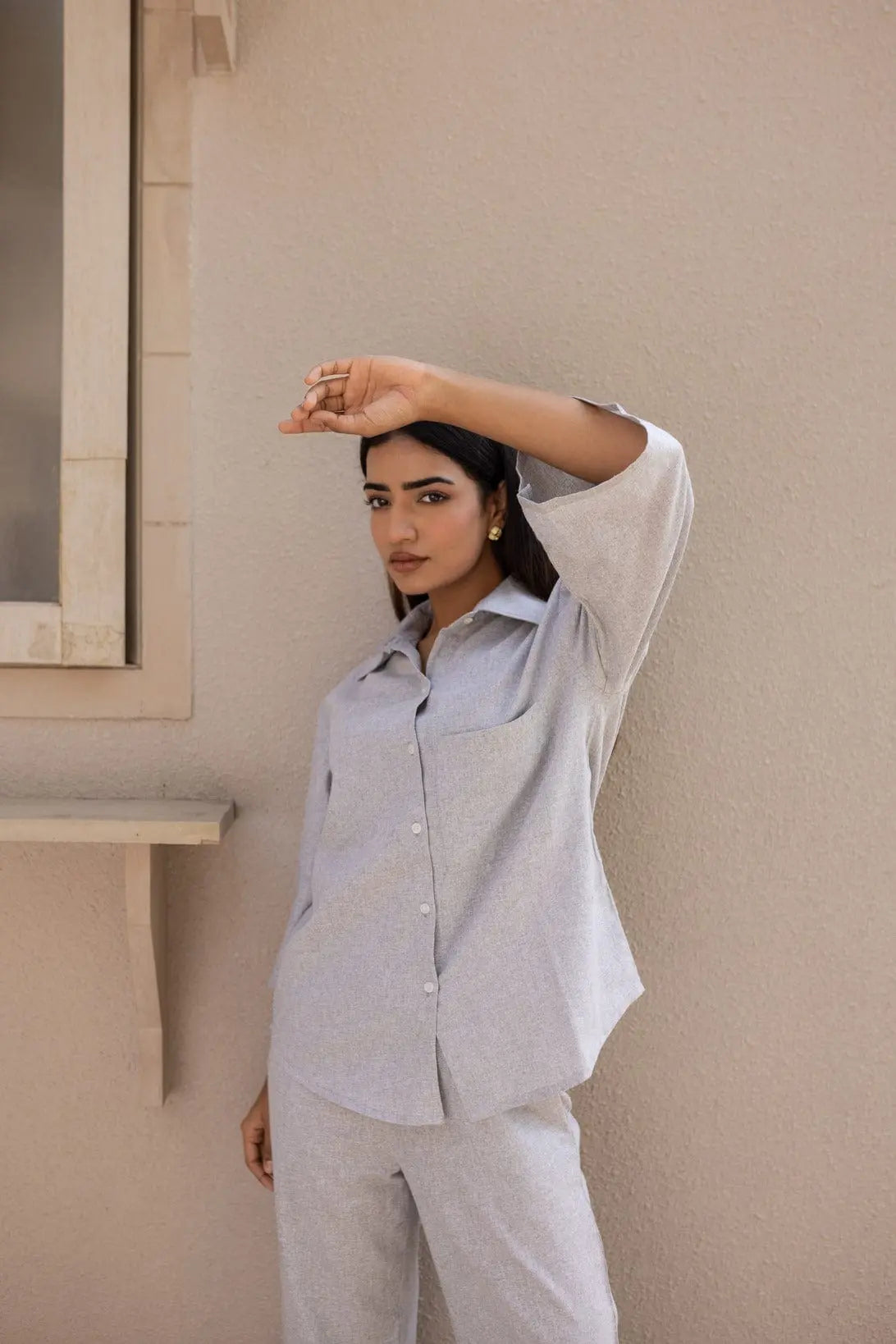 Cloudy Gray Bell Sleeves Shirt & Pants Set