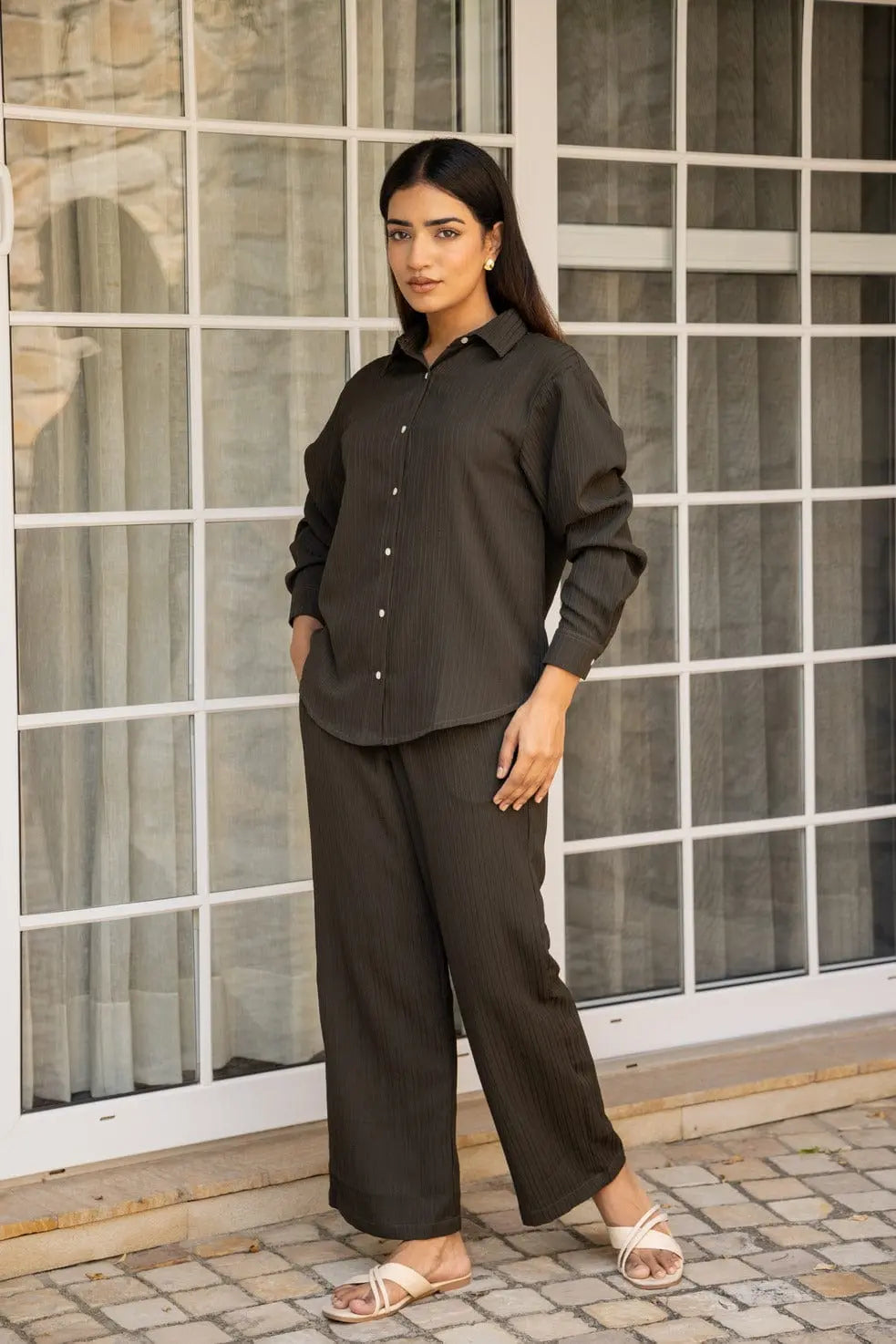 Dark Olive Knitted Shirt & Pants Set