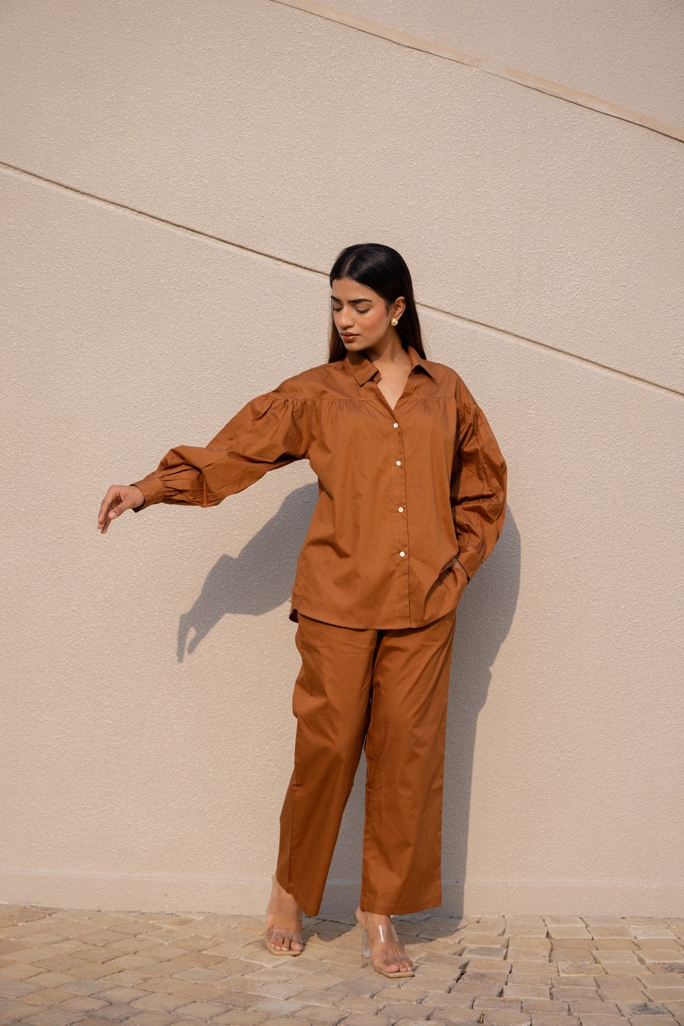 Russet Poplin Shirt with Puff Sleeves & Pants set