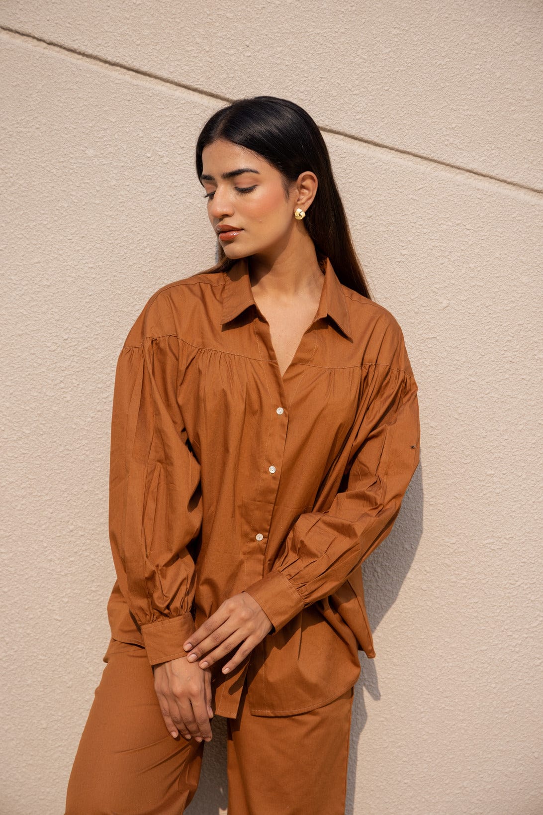 Russet Poplin Shirt with Puff Sleeves & Pants set