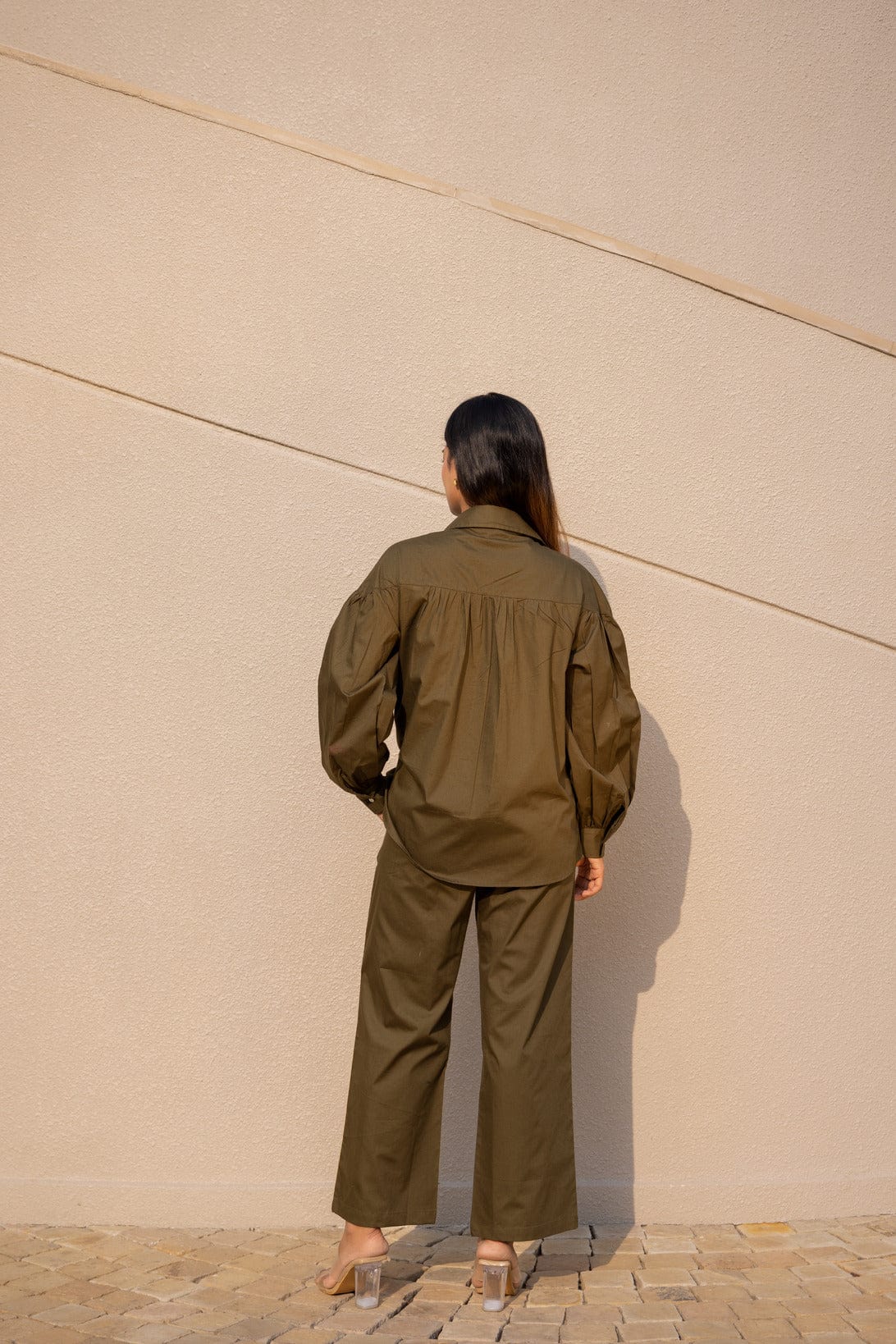 Olive Poplin Shirt with Puff Sleeves & Pants set