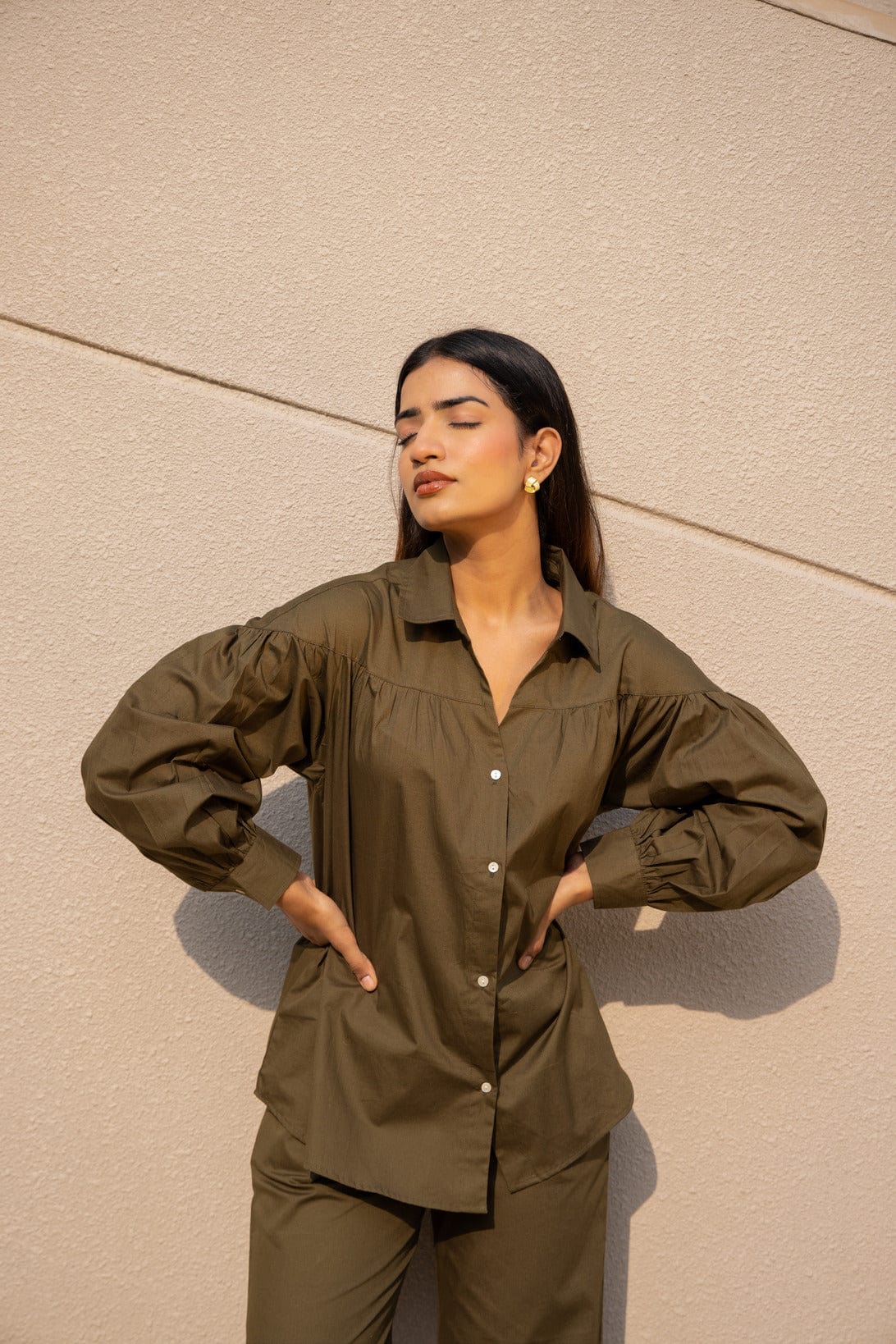 Olive Poplin Shirt with Puff Sleeves & Pants set