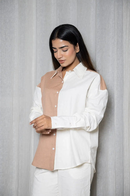 Brown and White oversized color block cotton shirt