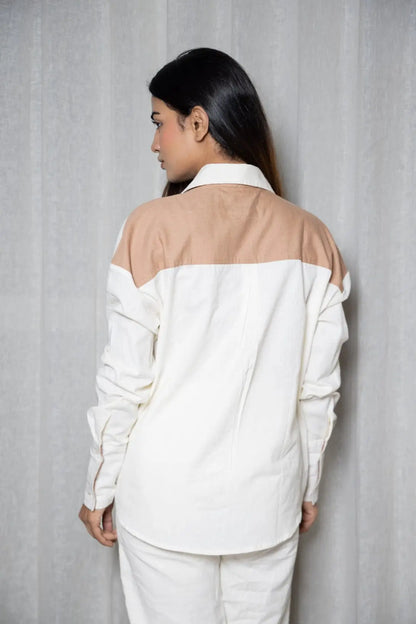 Brown and White oversized color block cotton shirt