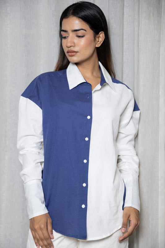 Blue and White oversized color block shirt