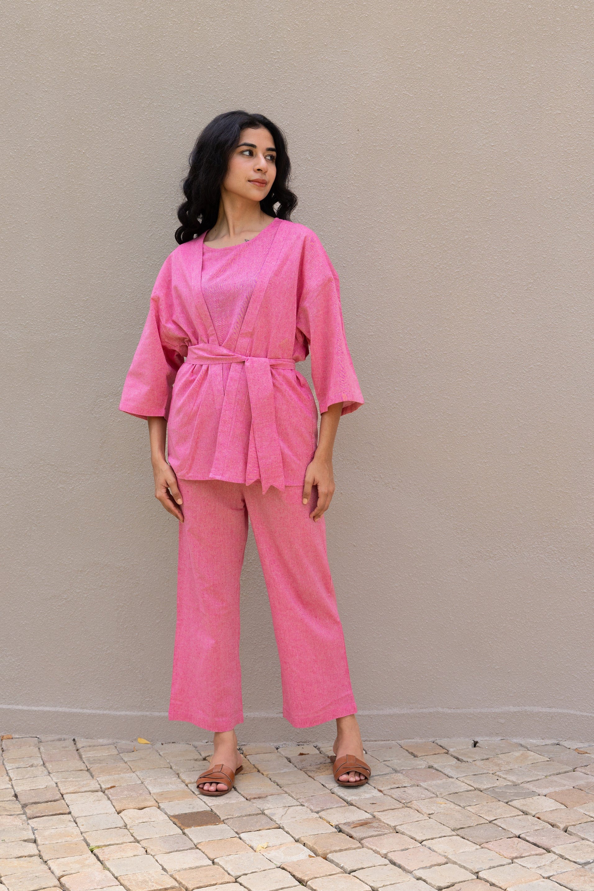 Pink 3 Piece Kimono Set with Belt