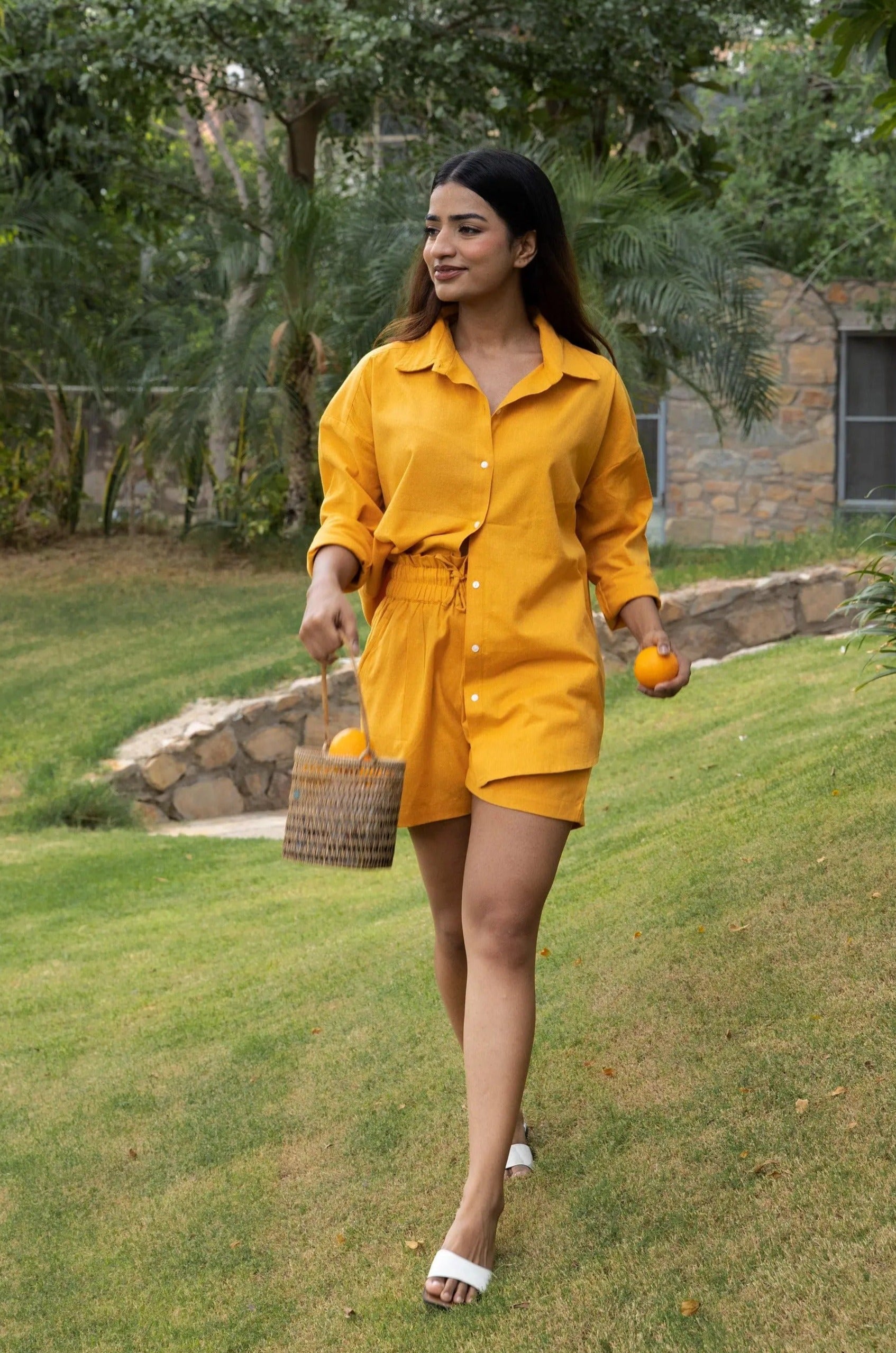 Yellow Oversized Cotton Shirt & Shorts Set