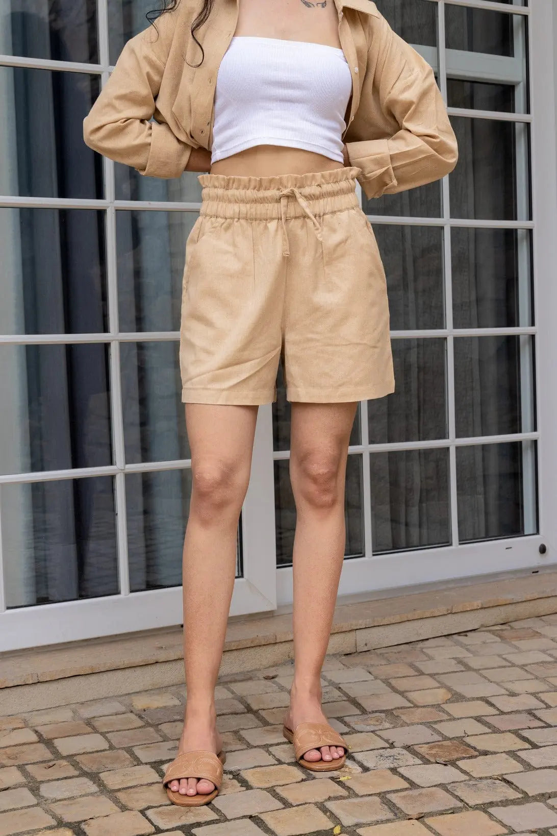 Khaki Oversized Cotton Shirt & Shorts Set