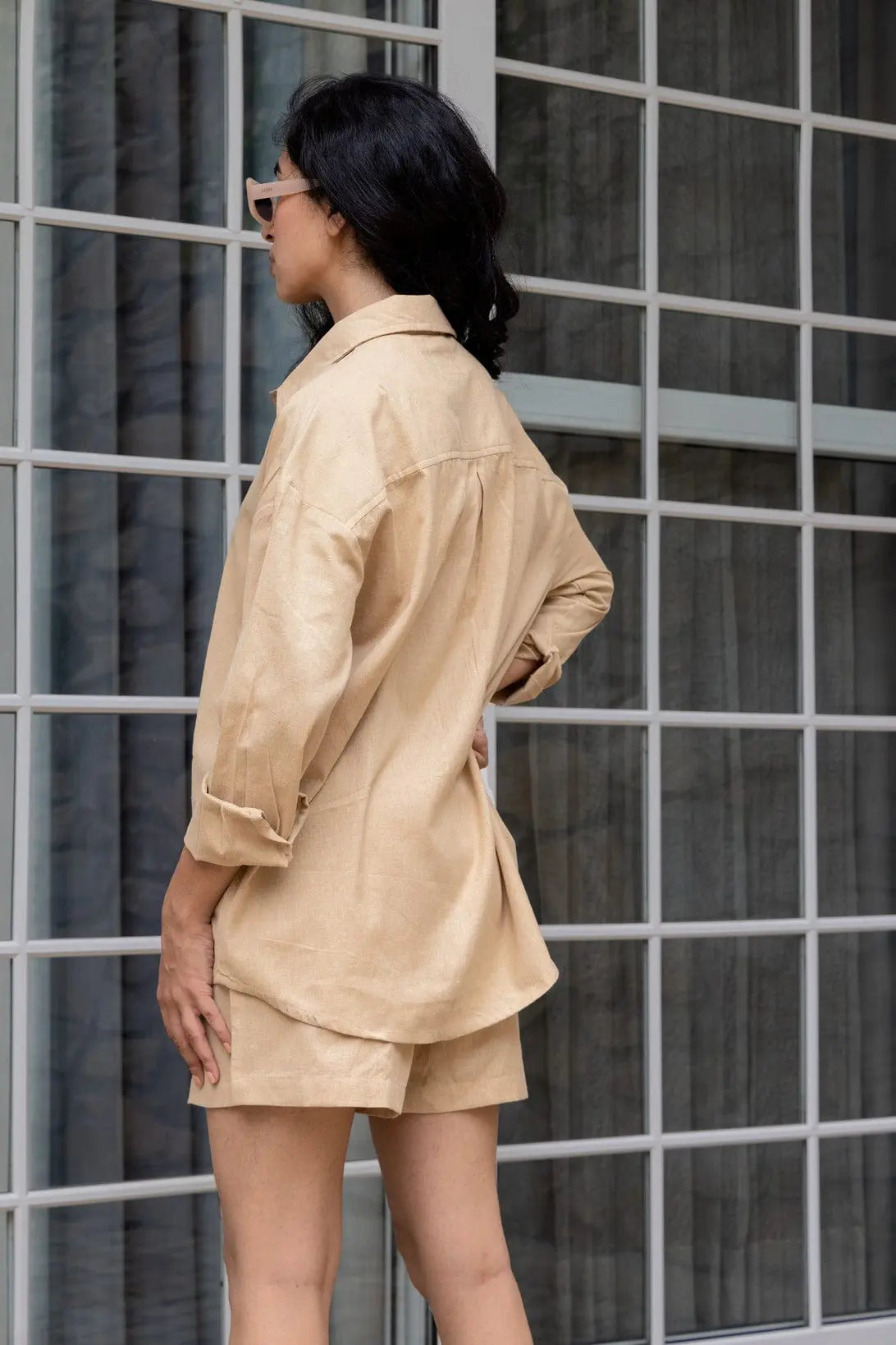 Khaki Oversized Cotton Shirt & Shorts Set