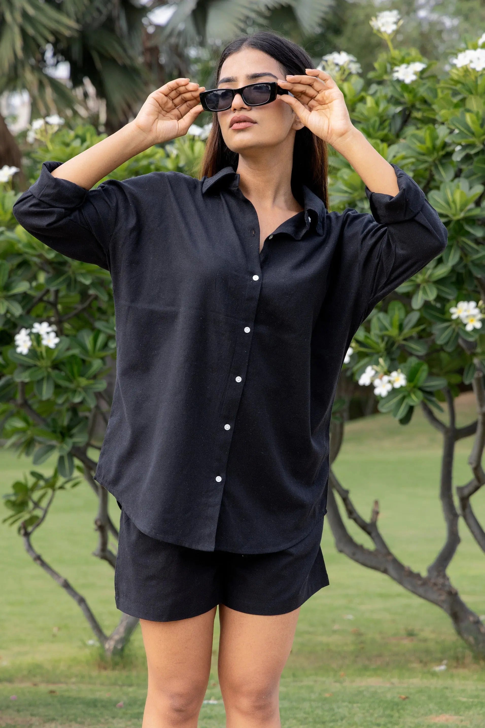 Oversized Cotton Shirt & Shorts Set - Black