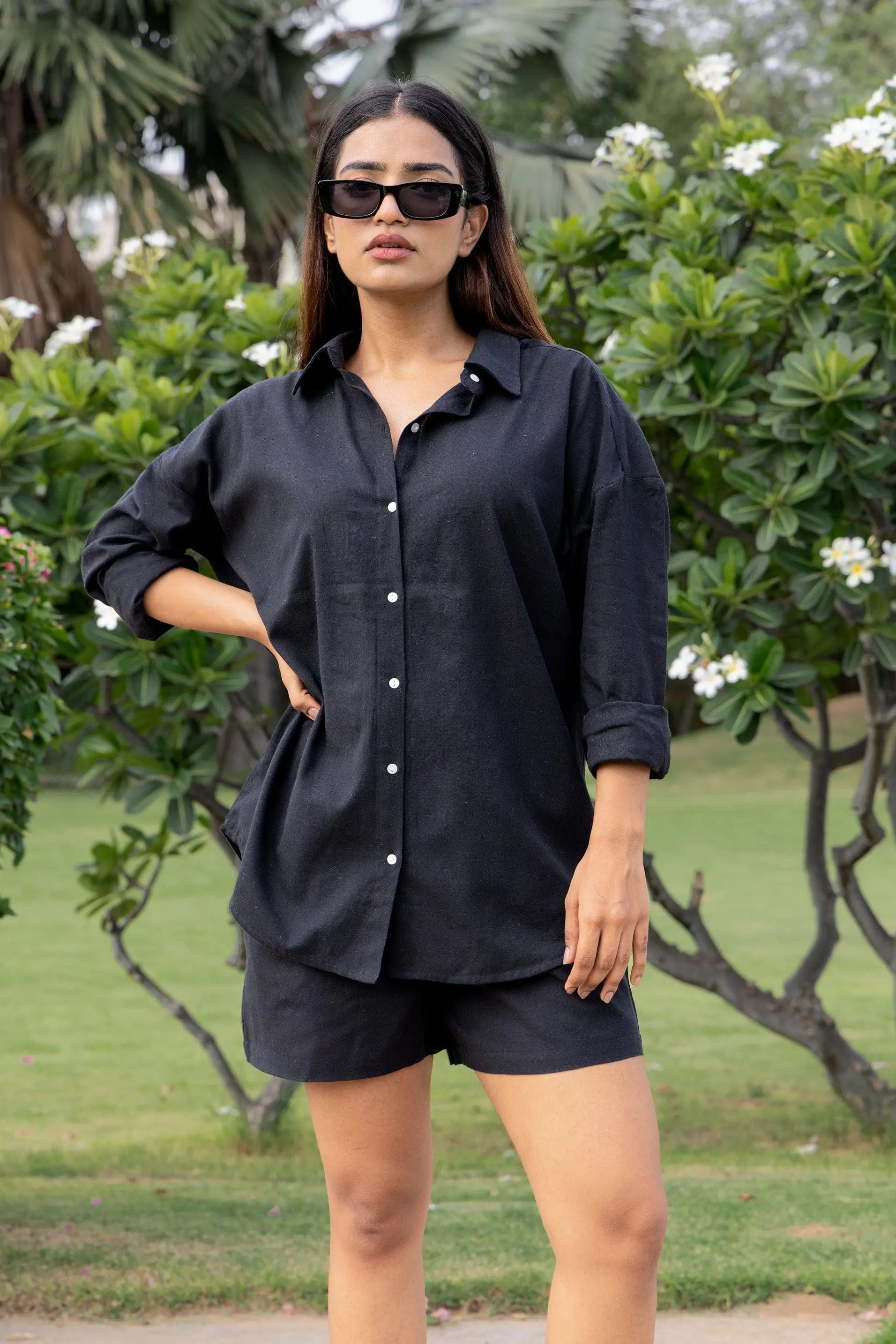 Oversized Cotton Shirt & Shorts Set - Black