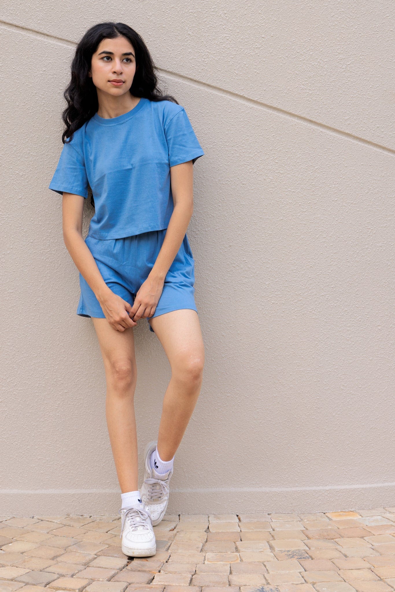 Sky Blue half sleeves cotton crop t-shirt & shorts set
