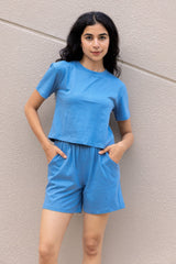 Sky Blue half sleeves cotton crop t-shirt & shorts set
