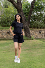 Black half sleeves cotton crop t-shirt & shorts set
